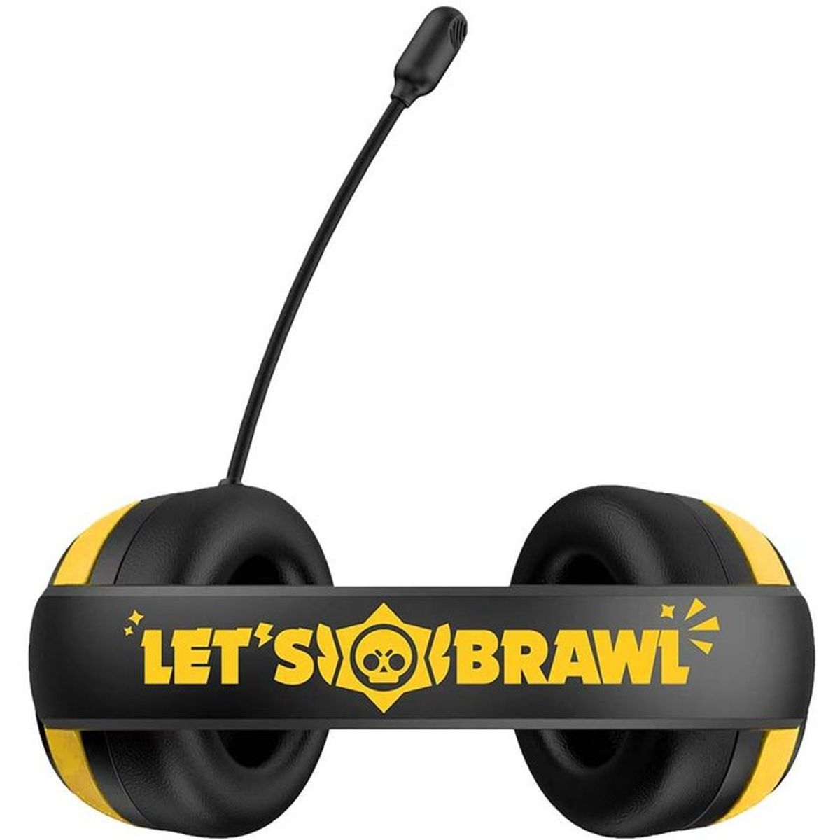 Cuffie da gaming nere e gialle con microfono e scritta 'LET'S BRAWL' sull'archetto su sfondo bianco.