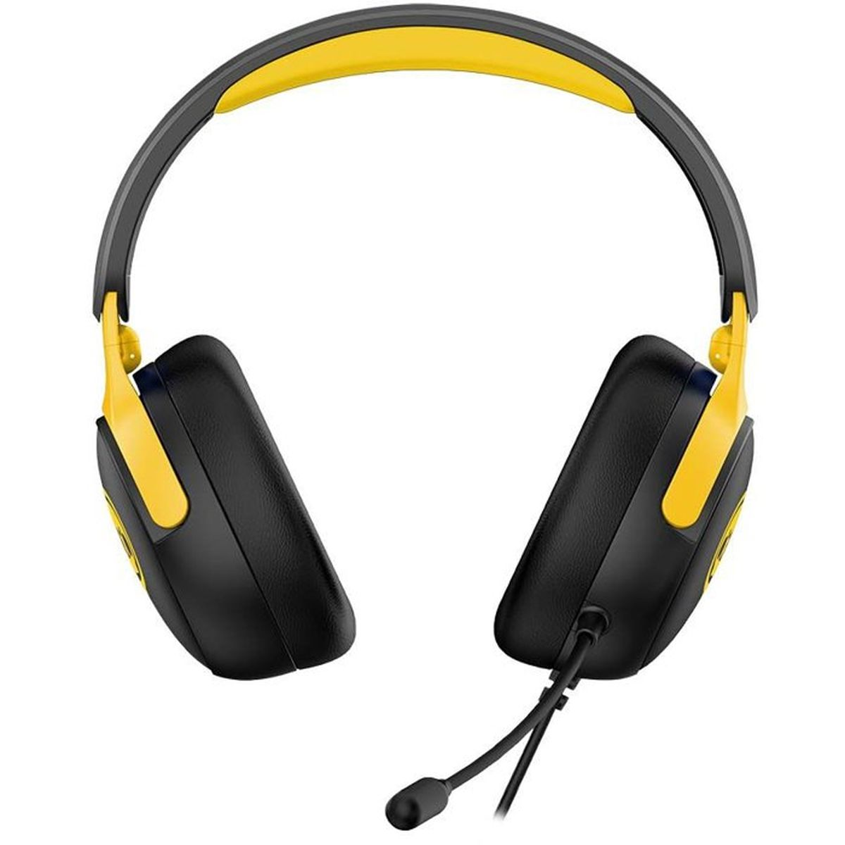 Cuffie over-ear nere e gialle con microfono attaccato e cavo su sfondo bianco.