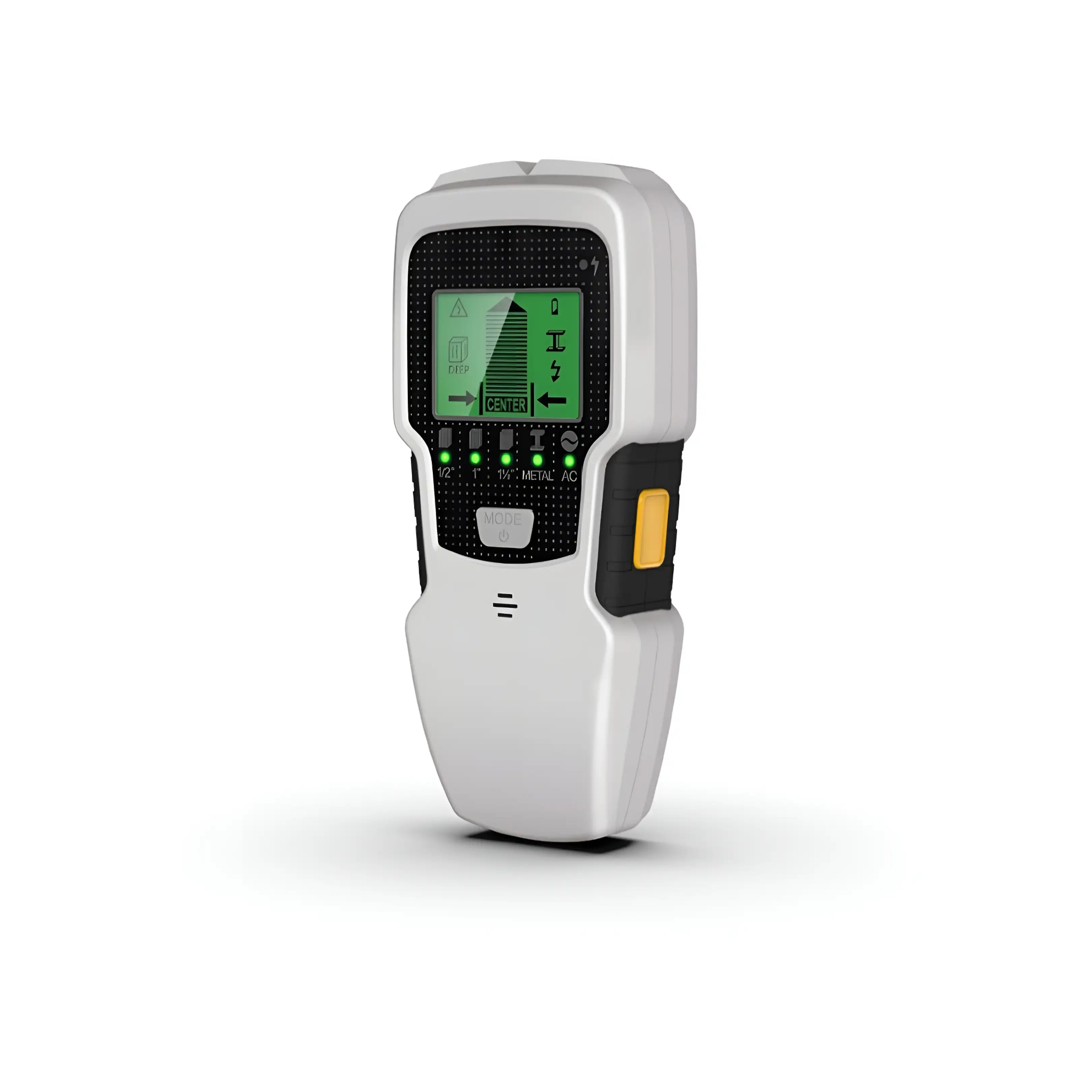 Ein weiß-schwarzer Wandscanner mit grünem Display und gelben Tasten.