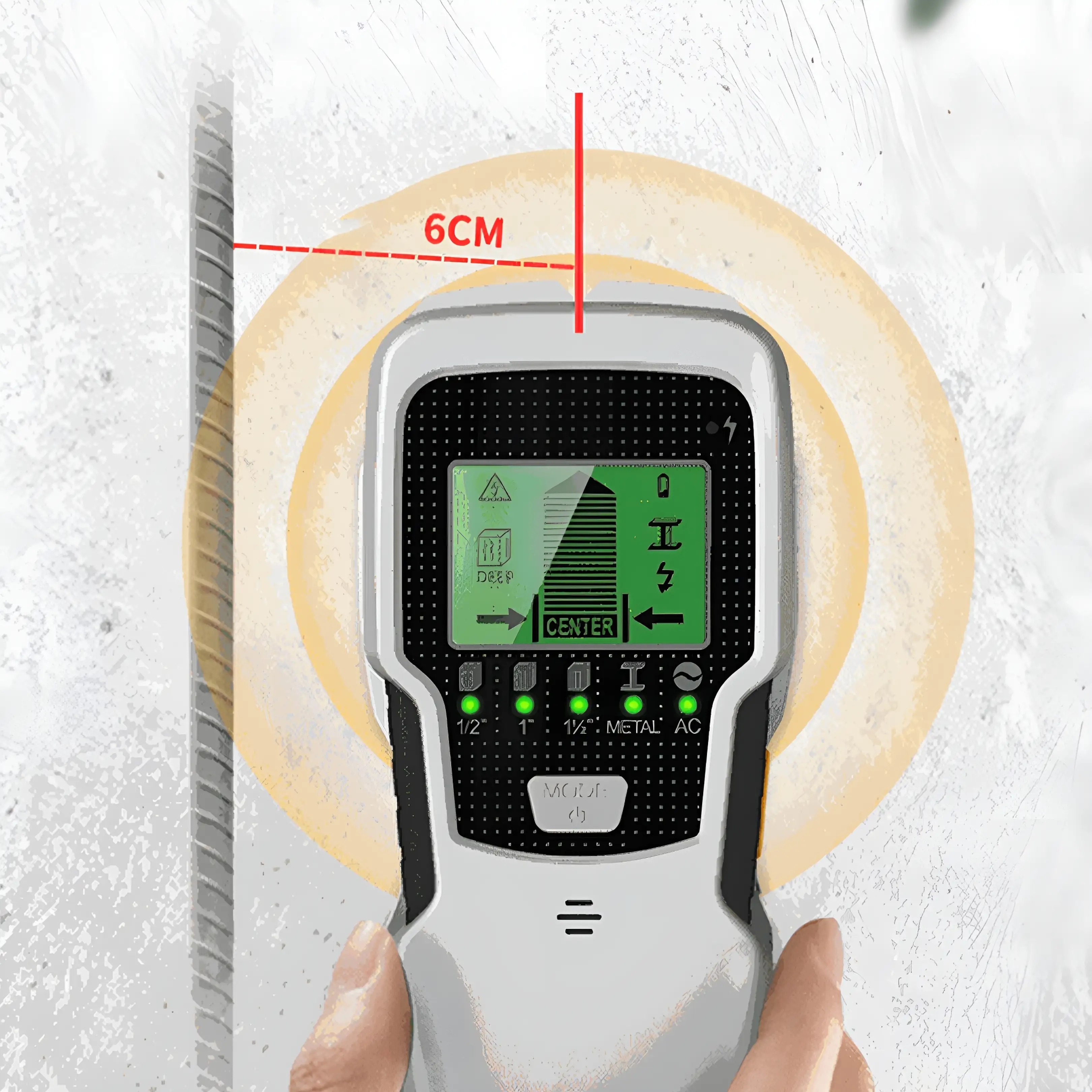 Ein Wandscanner wird an eine Wand gehalten und zeigt die Metallerkennung mit einer 6 cm Messung an.