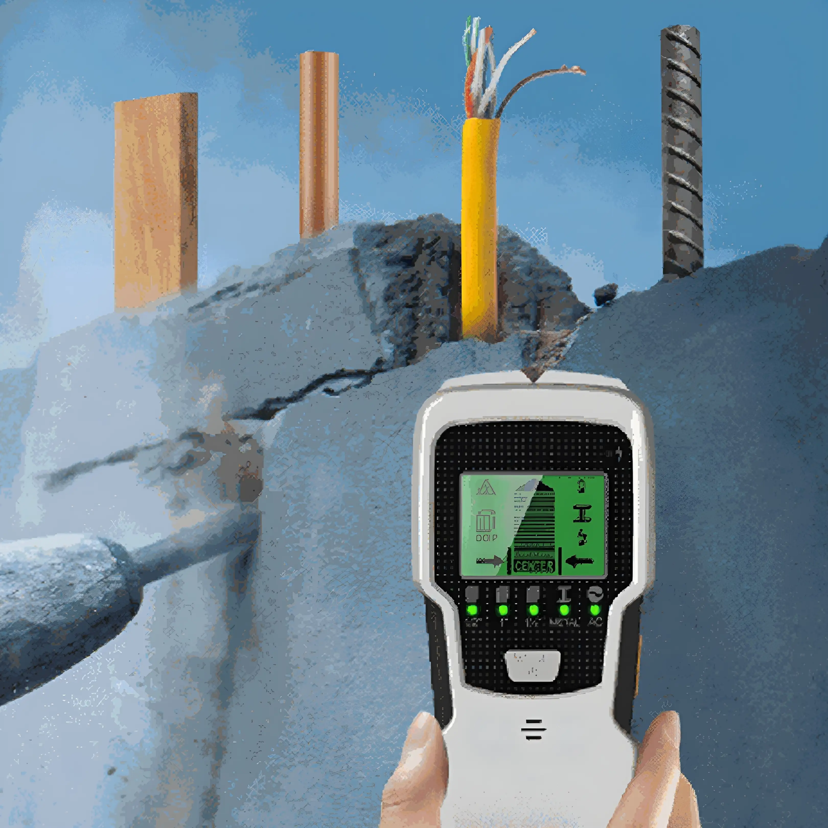 Hand hält einen Wandscanner vor einer Betnwand mit versteckten Rohren und Kabeln.