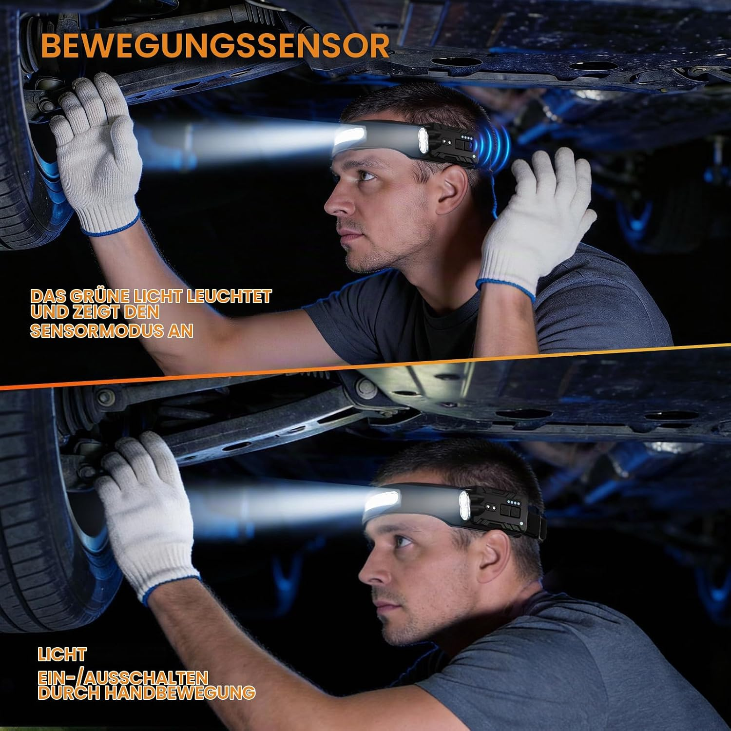 Ein Mechaniker mit Stirnlampe arbeitet am Unterboden eines Autos und zeigt den Bewegungssensor.
