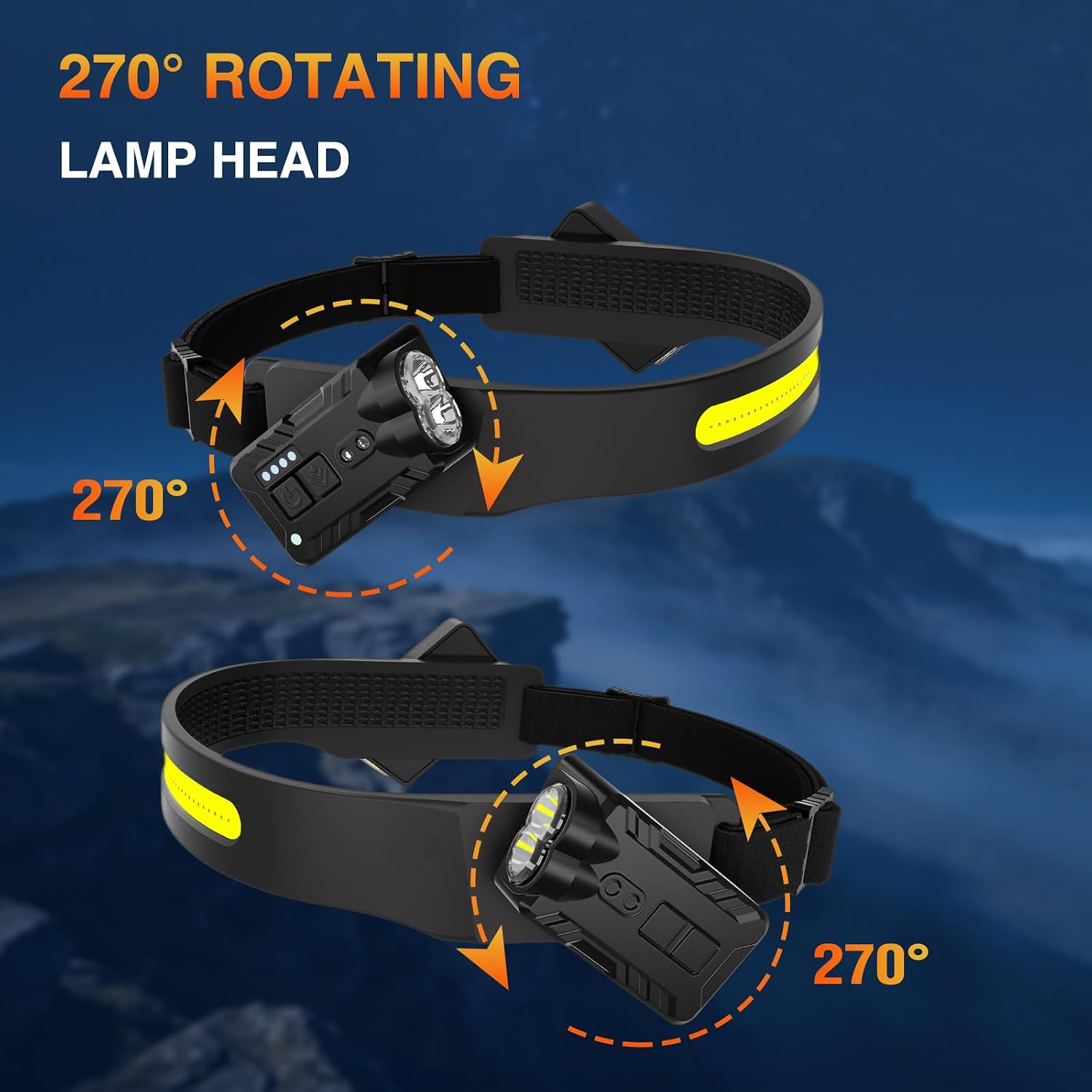 Schwarze Stirnlampe mit einem um 270 Grad drehbaren Lampenkopf vor verschwommenem Berg-Hintergrund.