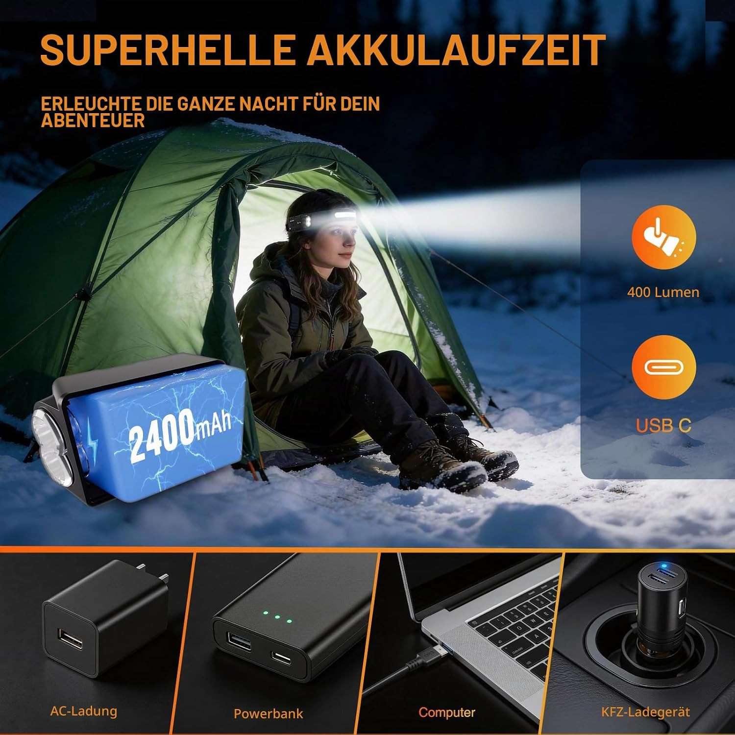 Eine Frau campt im Schnee mit Stirnlampe, daneben 2400mAh Batterie und Ladesymbole unten.