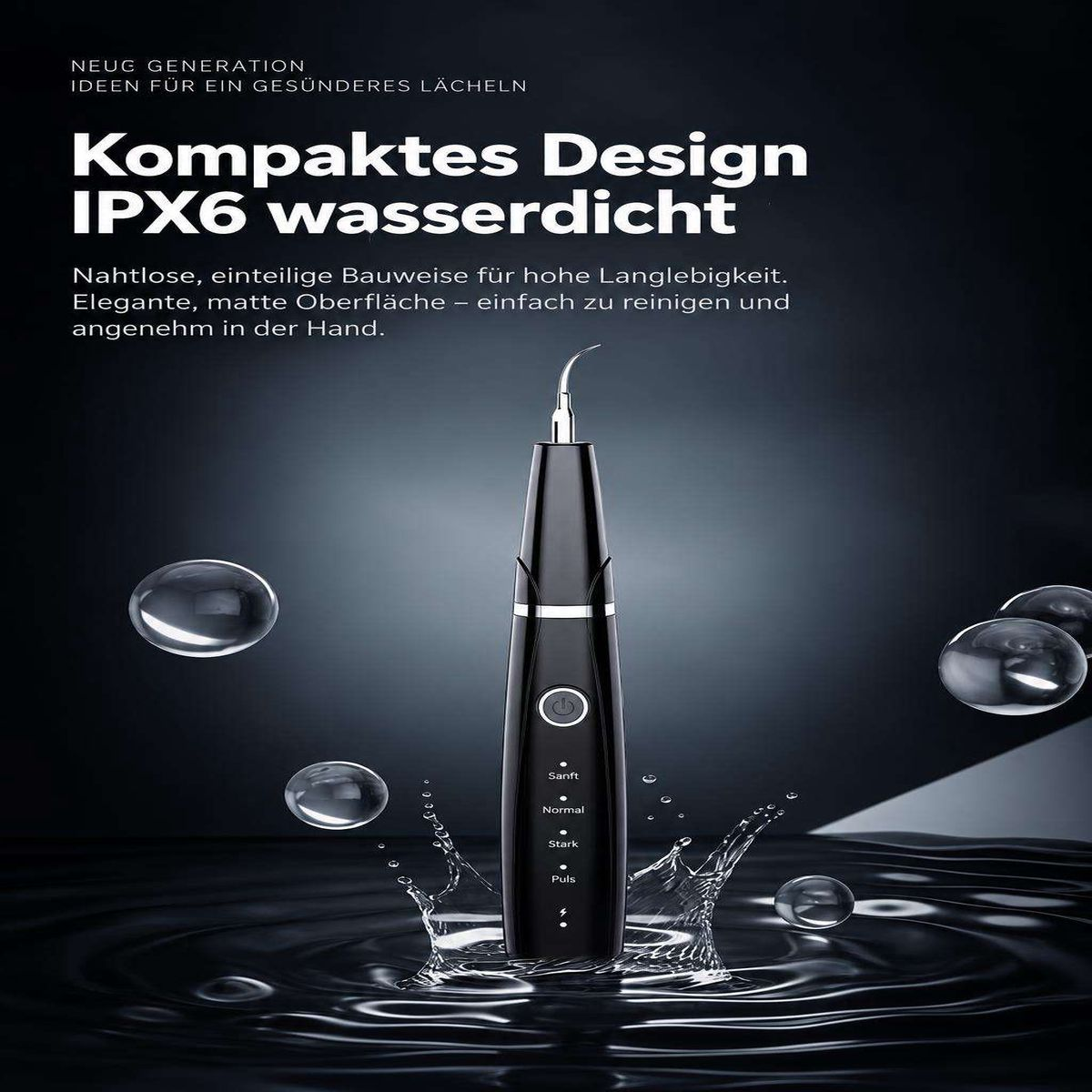 Ein schwarzer wasserdichter Zahnreiniger steht über Wasser, umgeben von Blasen vor dunklem Hintergrund.
