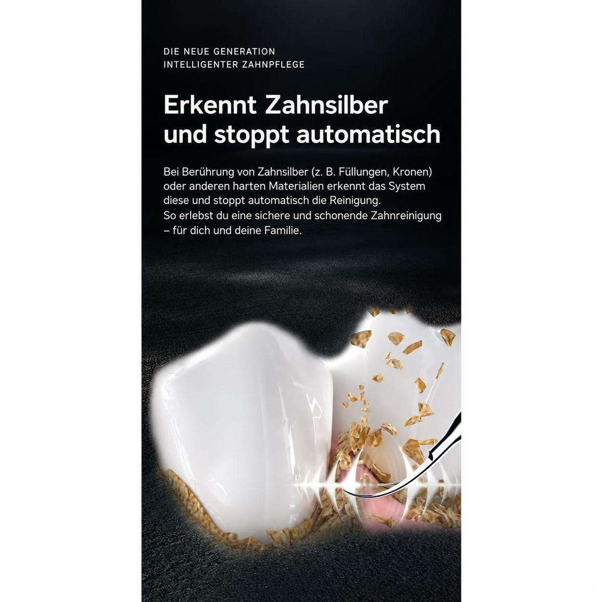 Werbebild mit Text über intelligente Zahnpflege und einem weiß glänzenden Zahnmodell.
