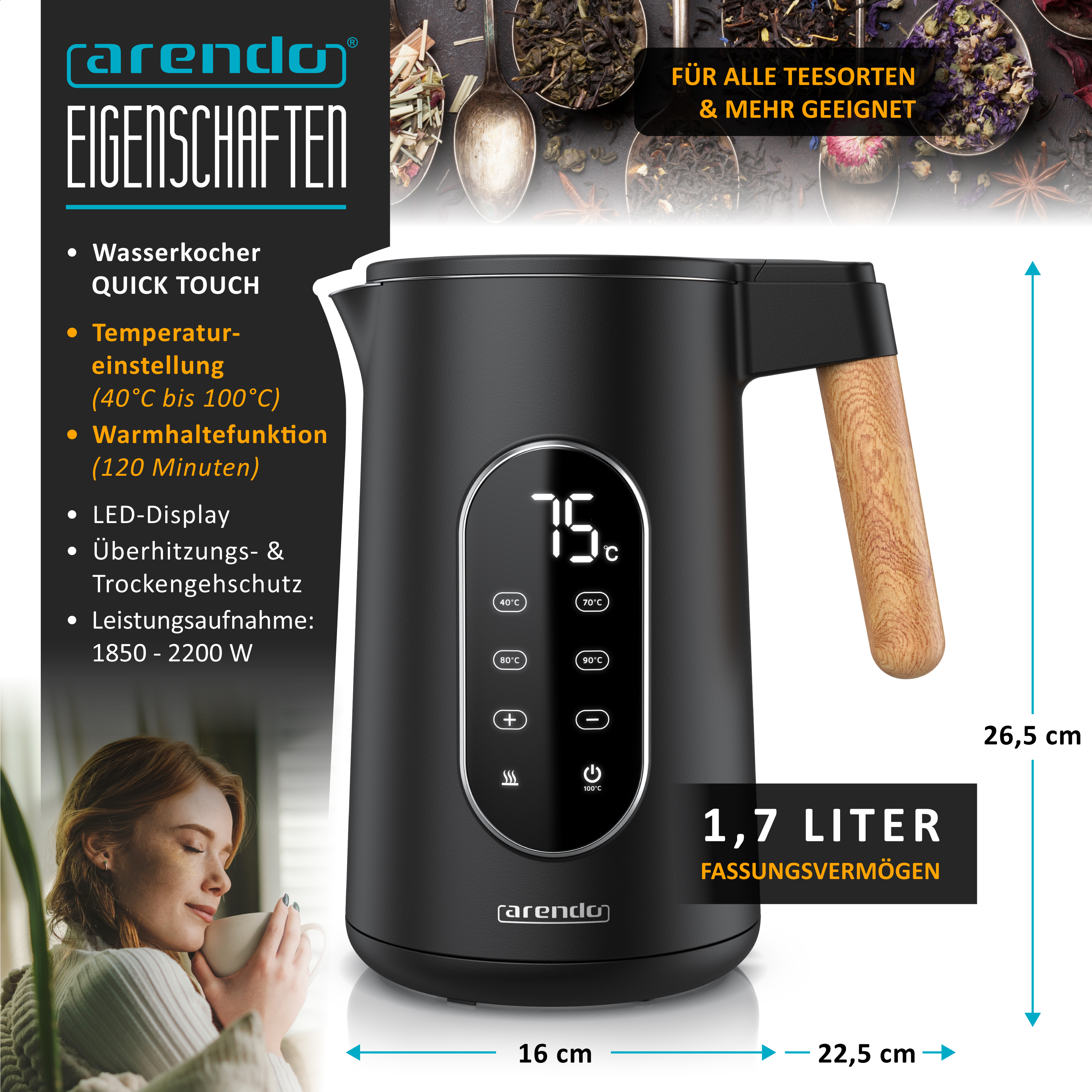 Schwarzer Arendo Wasserkocher mit Holzeinfassung am Griff, digitalem Display und Produktdetails.