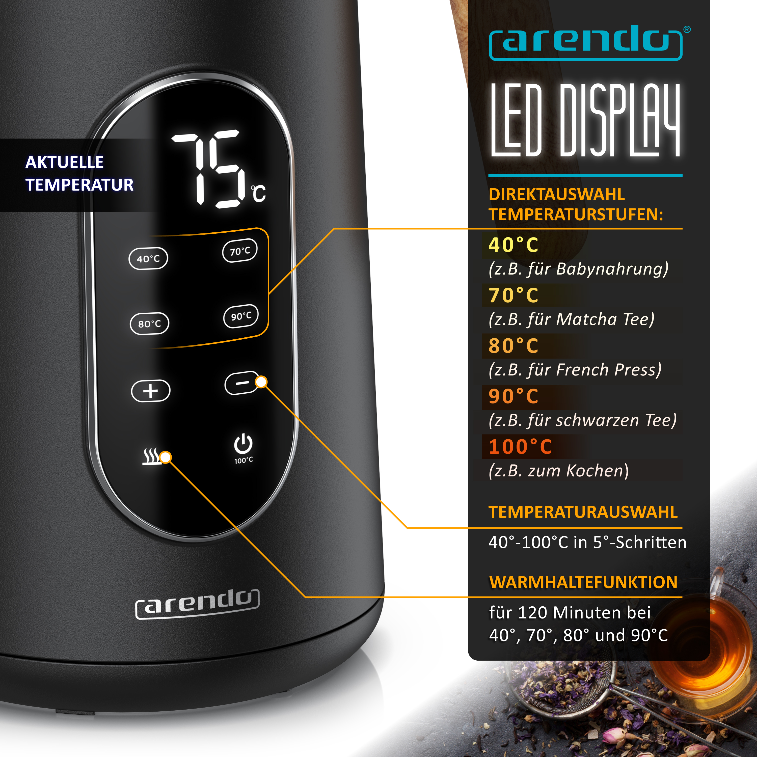 Schwarzer Arendo Wasserkocher mit LED-Display und Temperaturwahltasten.
