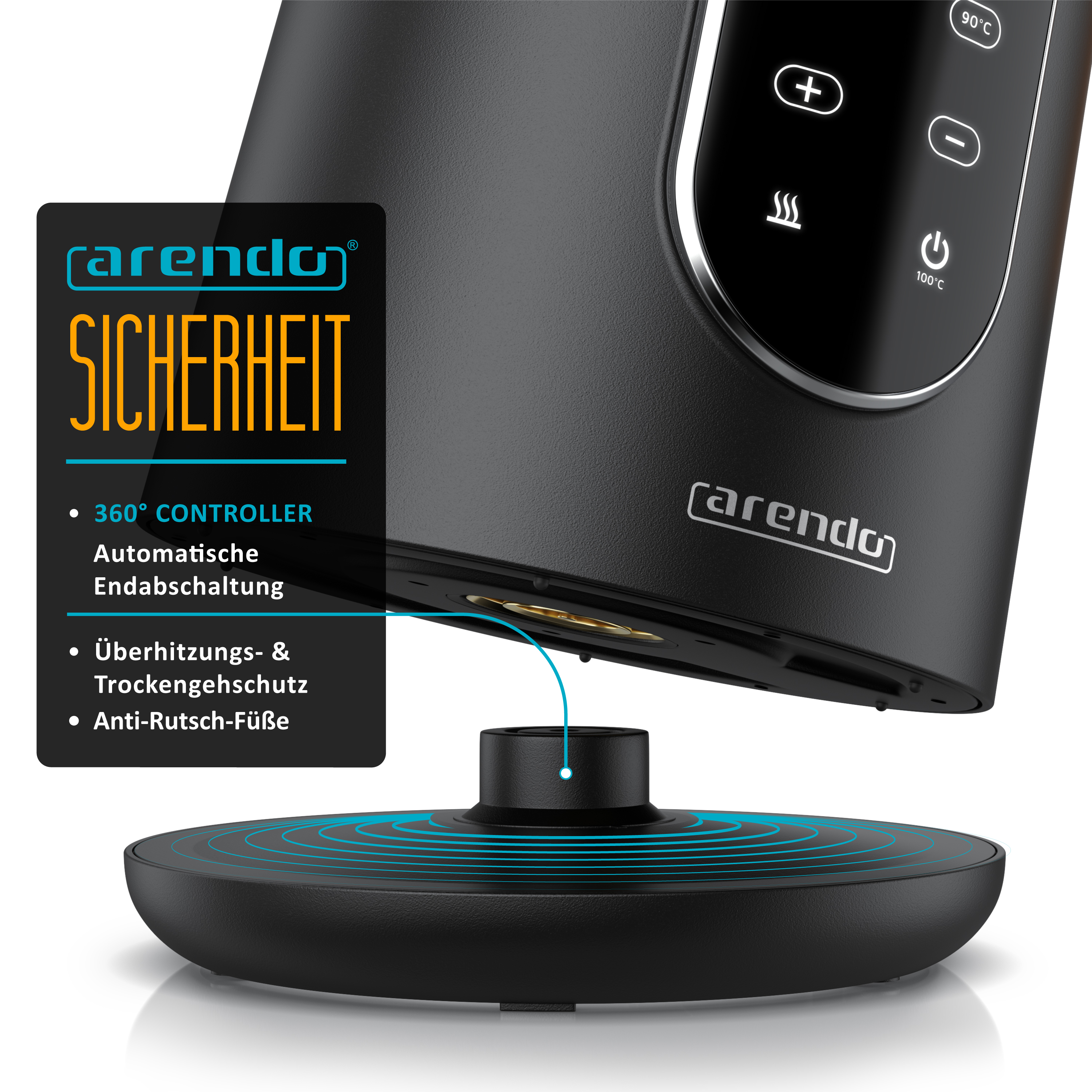 Ein schwarzer Arendo-Wasserkocher mit Touch-Bedienfeld und 360-Grad-Sockel.