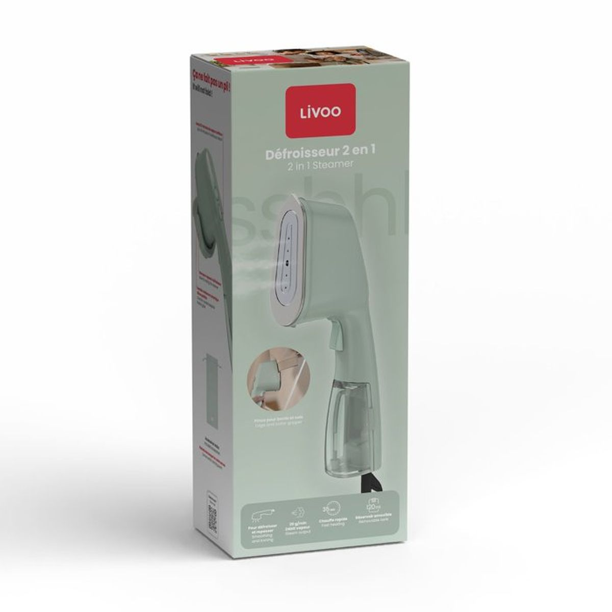 Eine mintgrüne Schachtel für einen Livoo 2-in-1 Kleiderdämpfer mit Produktbild.