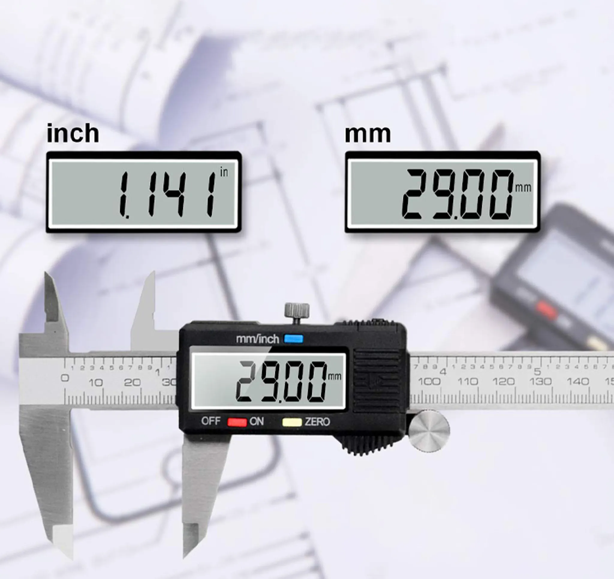 Digitale Messschieber zeigen 29,00 mm und 1,141 in auf blauem technischem Hintergrund.