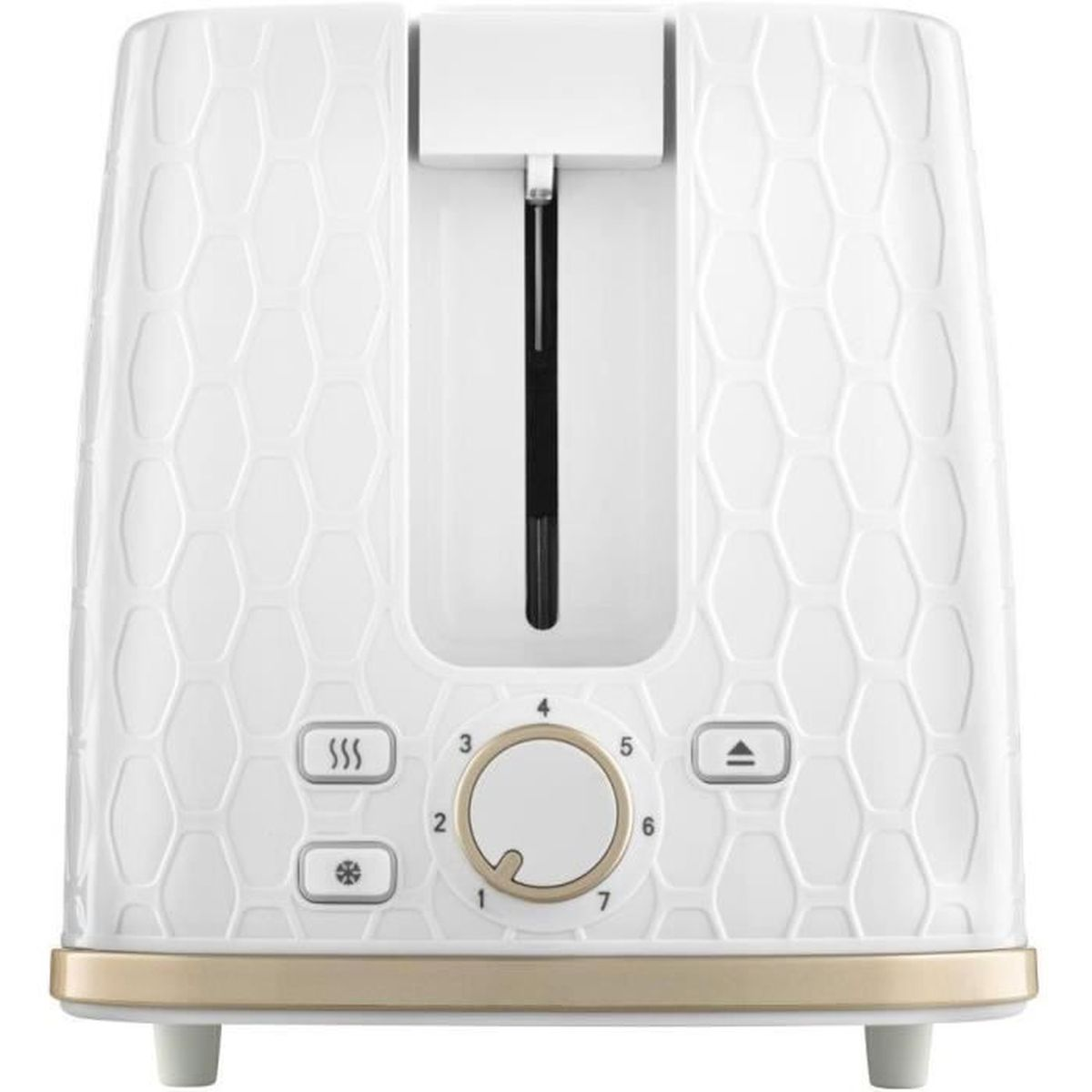 Ein weißer Toaster mit Wabenmuster, Bräunungsregler von eins bis sieben und goldenem Sockel.