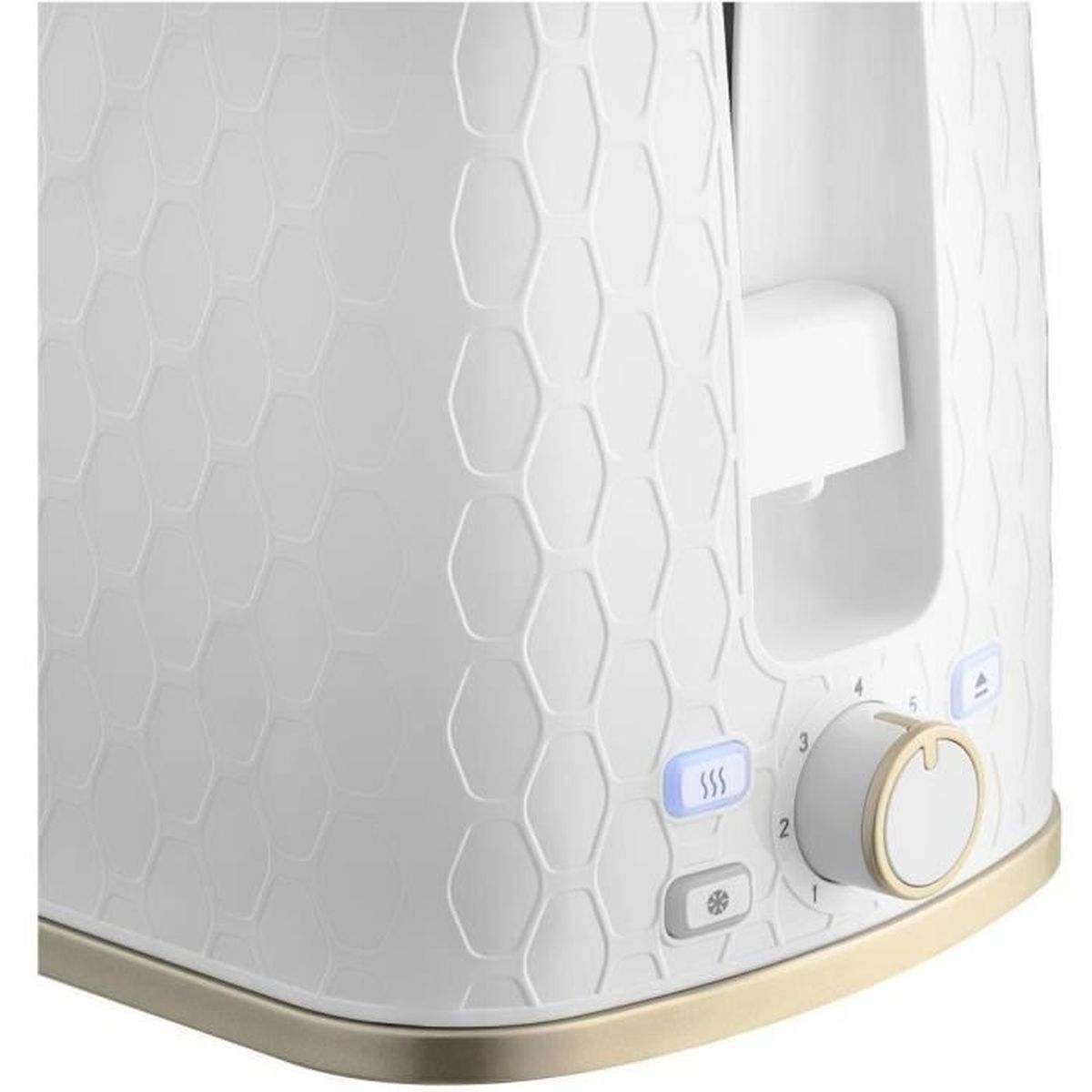 Weißer Toaster mit Wabenmuster, Drehregler und blauen Kontrollleuchten auf goldenem Sockel.