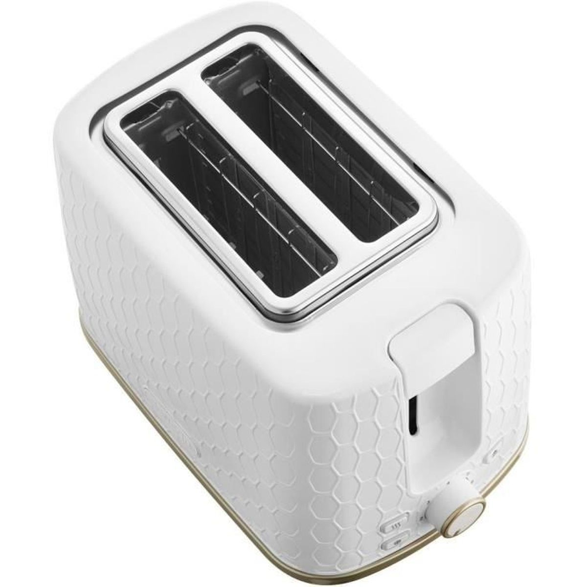 Ein weißer, moderner Toaster mit zwei Schlitzen und einer strukturierten Wabenoberfläche auf einem Tisch.