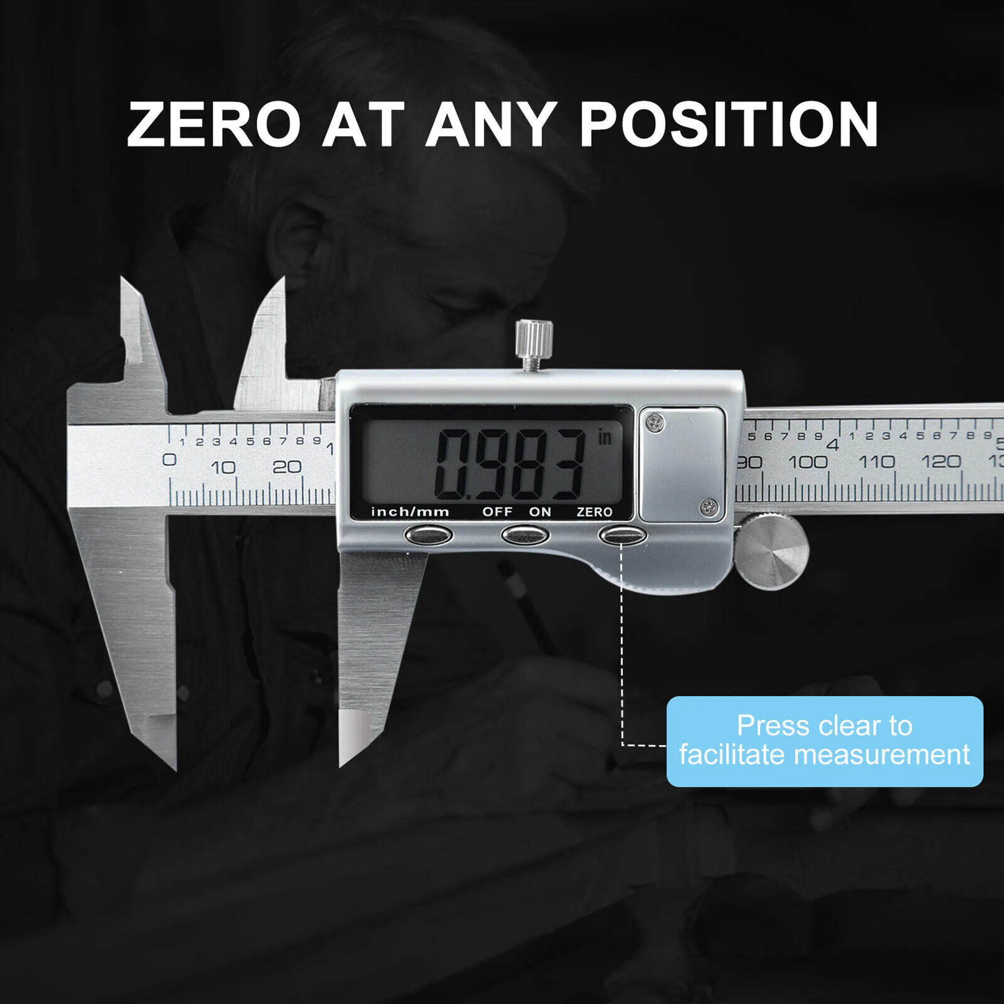 Ein digitaler Messschieber zeigt 0,983 Zoll mit Text 'NULL AN JEDER POSITION' oben.