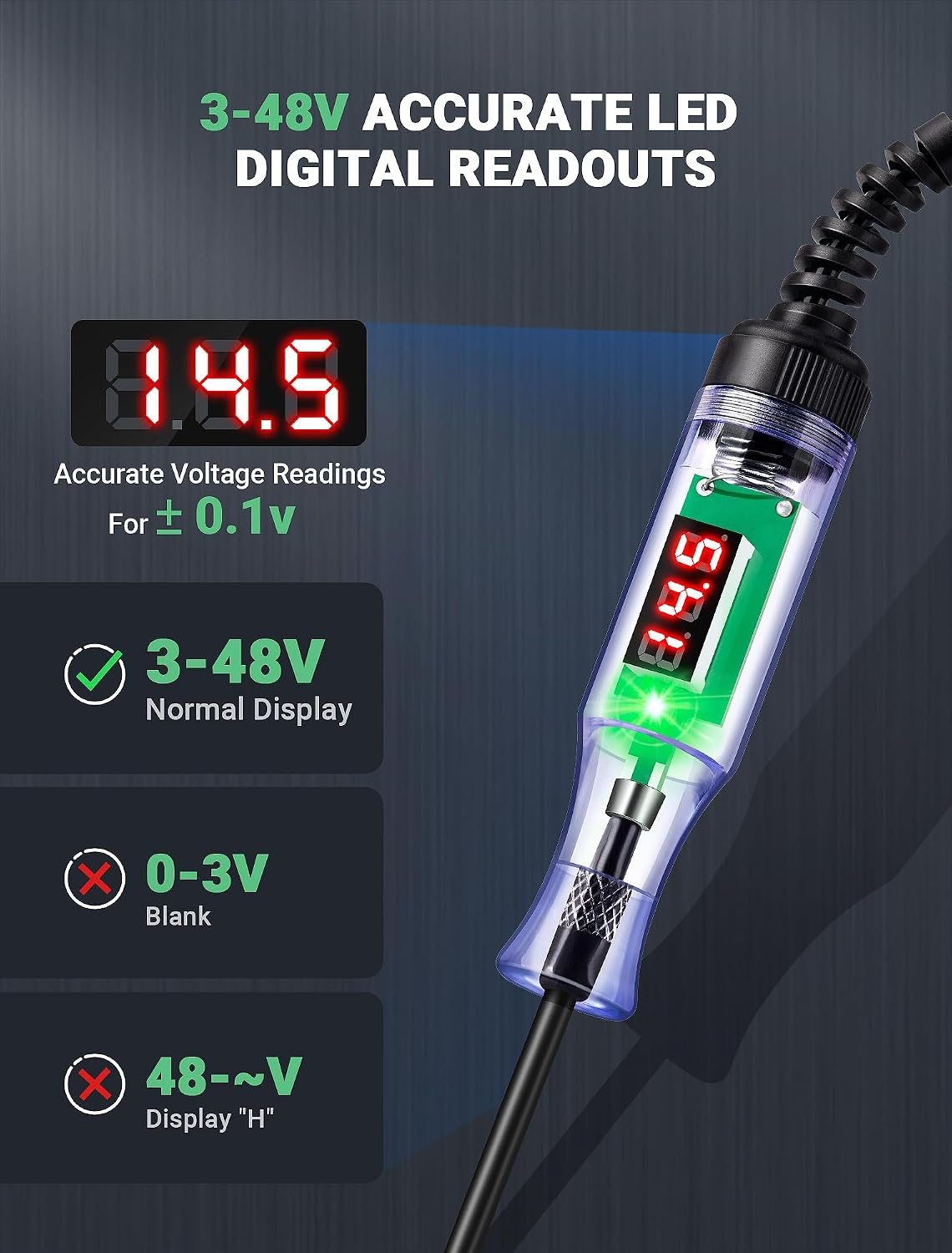 Digitale LED-Spannungsprüfer-Sonde für 3-48V mit rotem Display und grünem Licht auf dunklem Hintergrund.