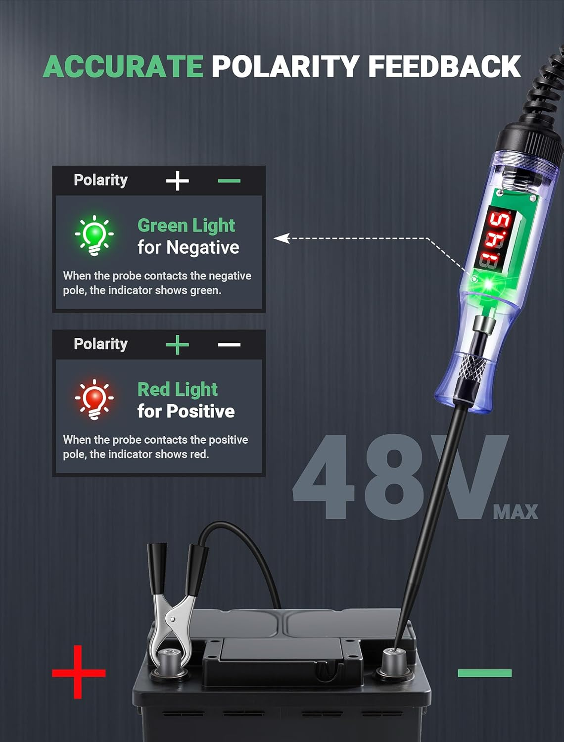 Ein Prüfstift misst die Batteriepolarität; rot für positiv und grün für negativ.