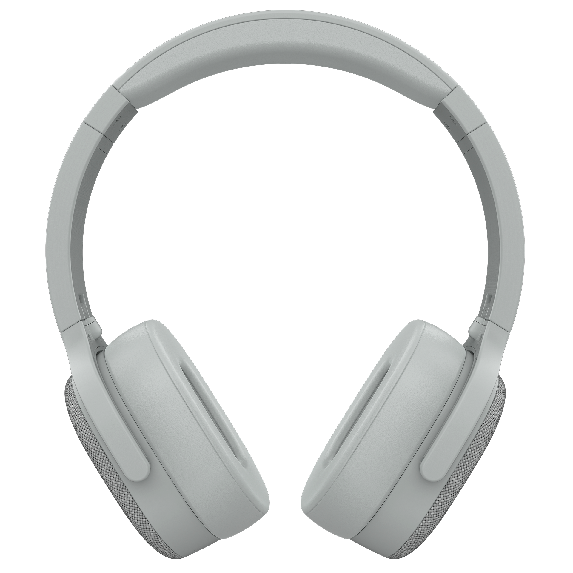 Graue Over-Ear-Kopfhörer vor einem schwarzen Hintergrund.