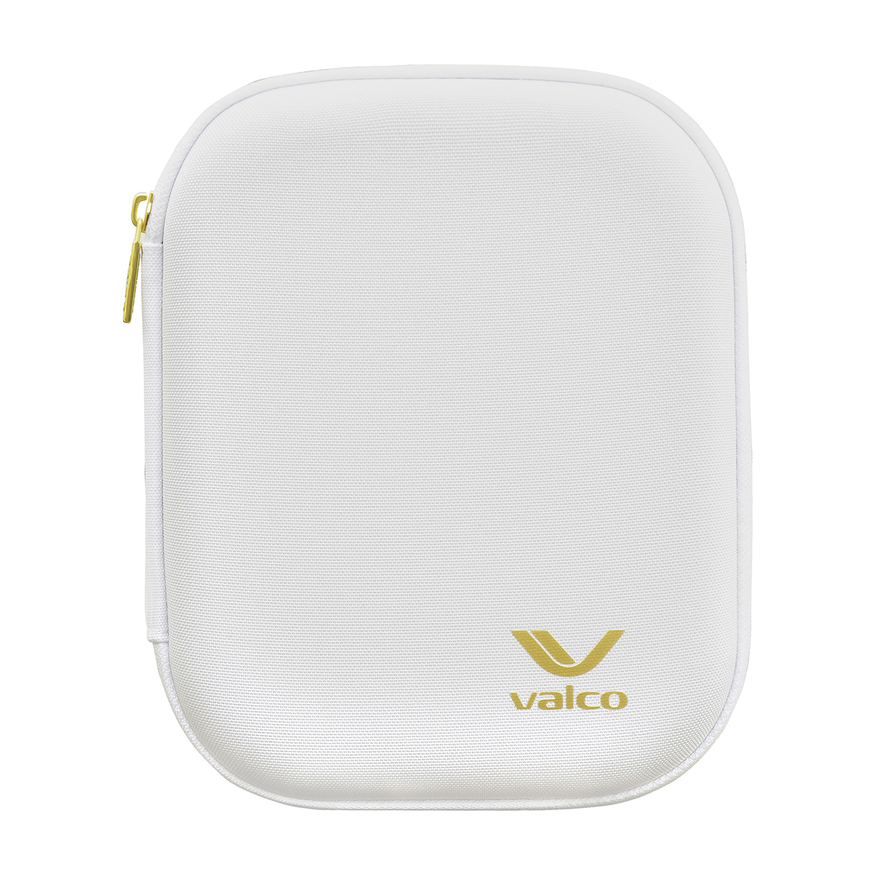 Eine weiße Valco Hartschalen-Reisehülle mit goldenem Logo und Reißverschluss.