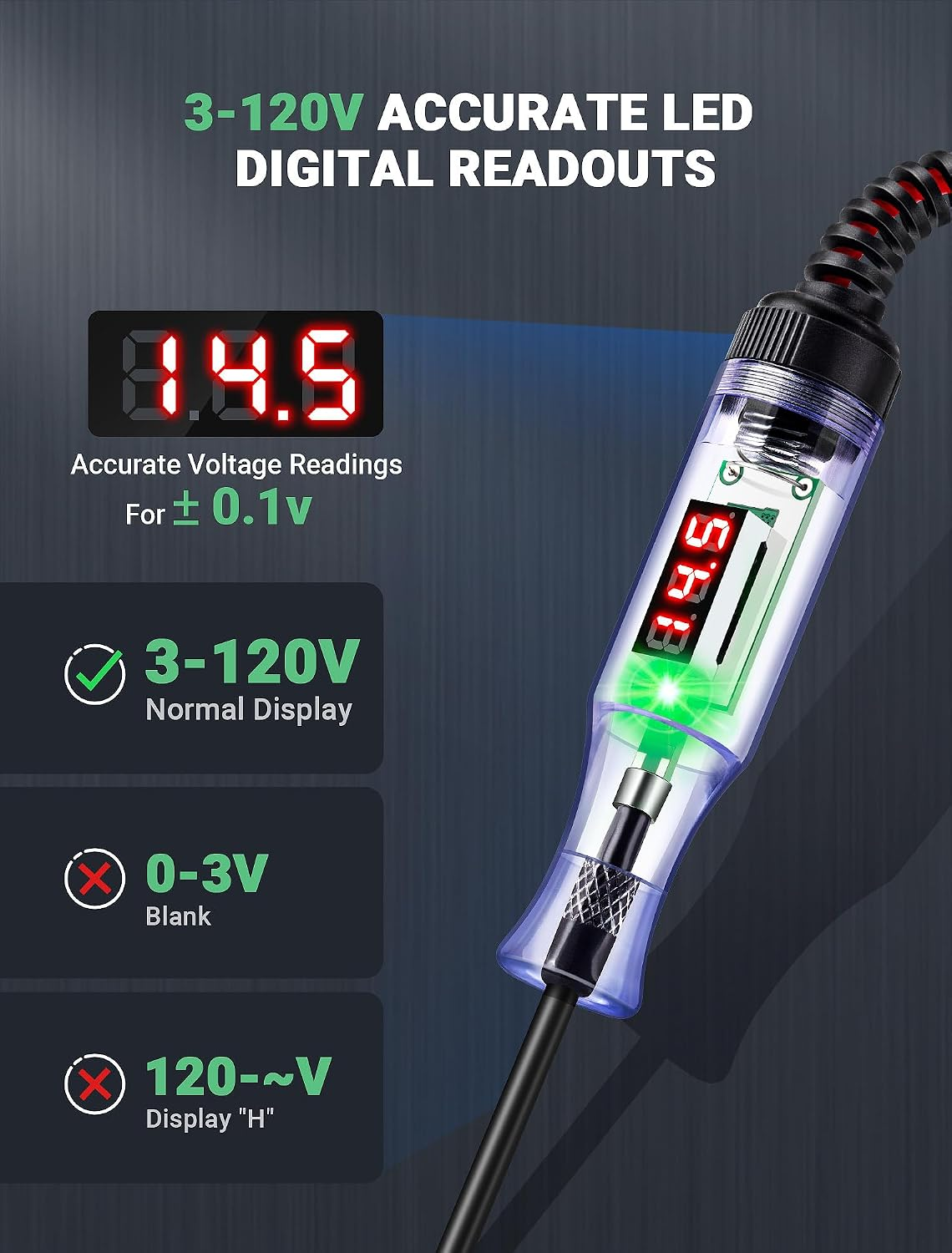 Spannungsprüfer mit LED-Anzeige zeigt 14.5 Volt vor dunkelgrauem Hintergrund mit Textgrafiken.