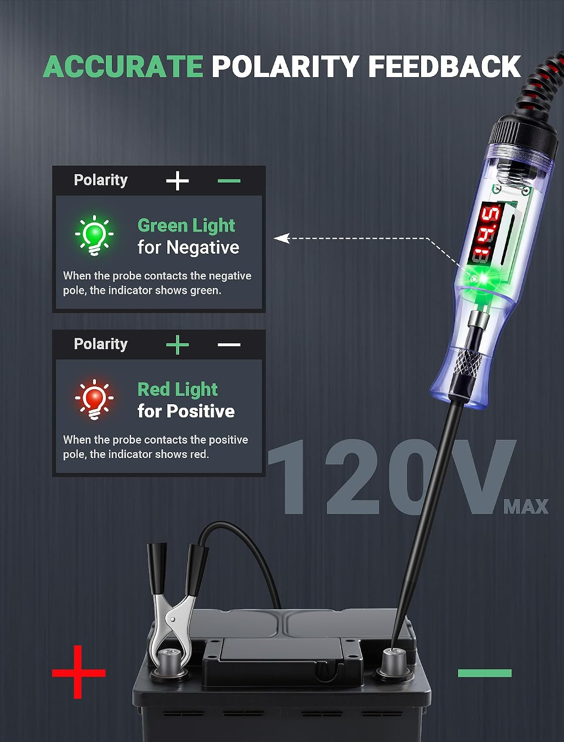 Spannungsprüfer zeigt grüne und rote Lichter für negative und positive Polarität an einer Batterie.