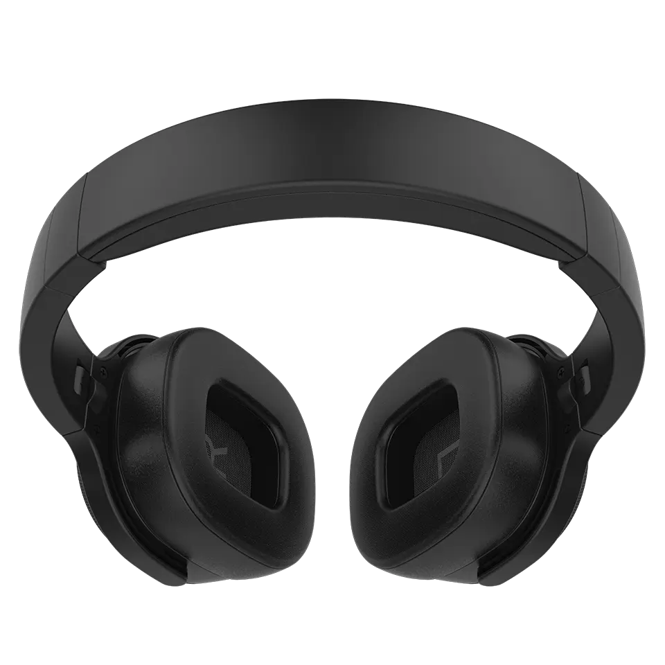 Schwarze Over-Ear-Kopfhörer vor einem schwarzen Hintergrund.