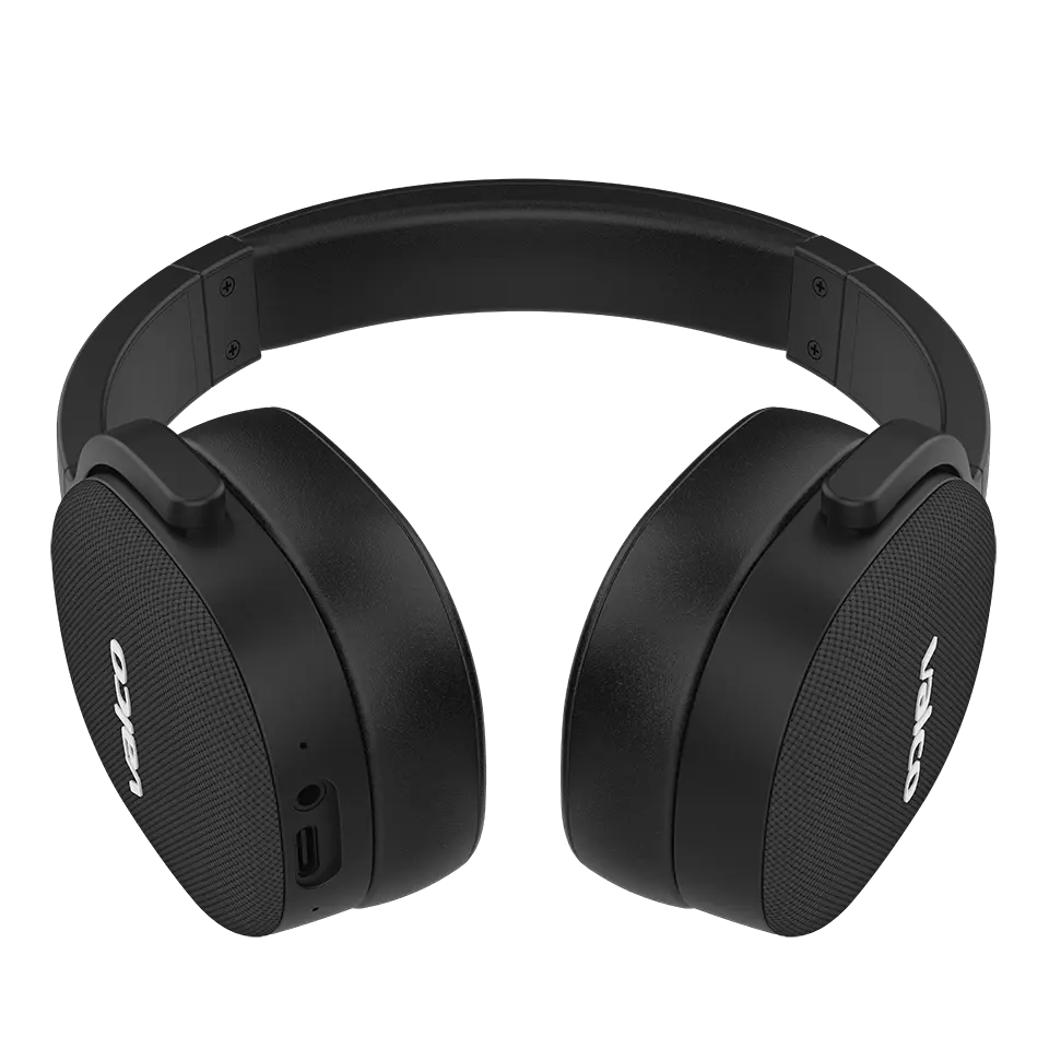 Schwarze Over-Ear-Kopfhörer mit weißem Valco-Logo vor schwarzem Hintergrund.