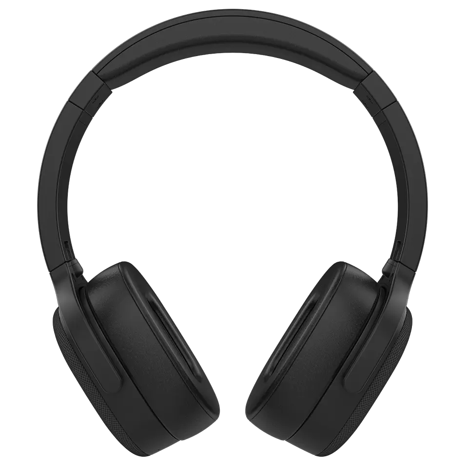 Schwarze Over-Ear-Kopfhörer vor schwarzem Hintergrund.
