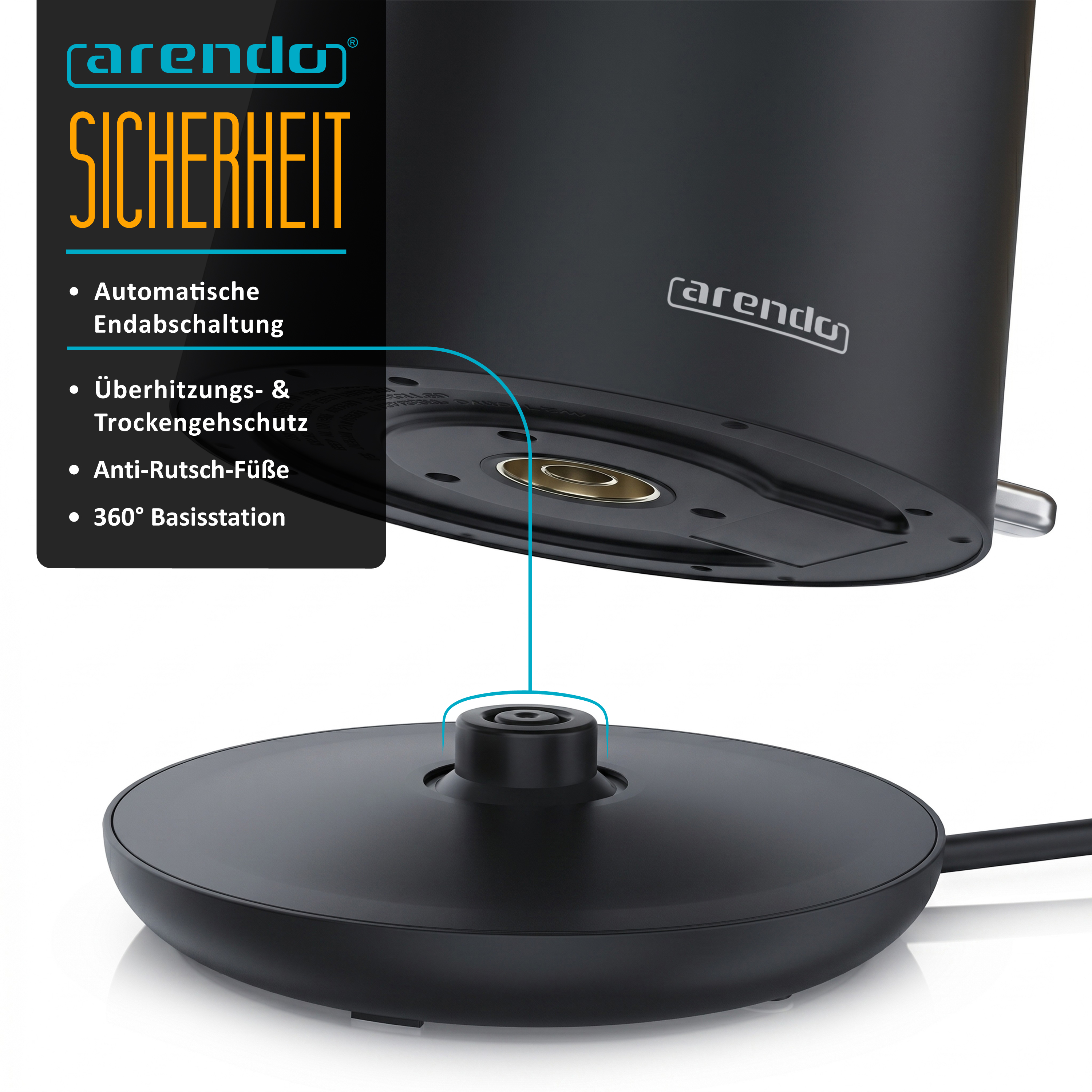 Schwarzer Arendo Wasserkocher mit 360-Grad-Basisstation und Sicherheitshinweisen.