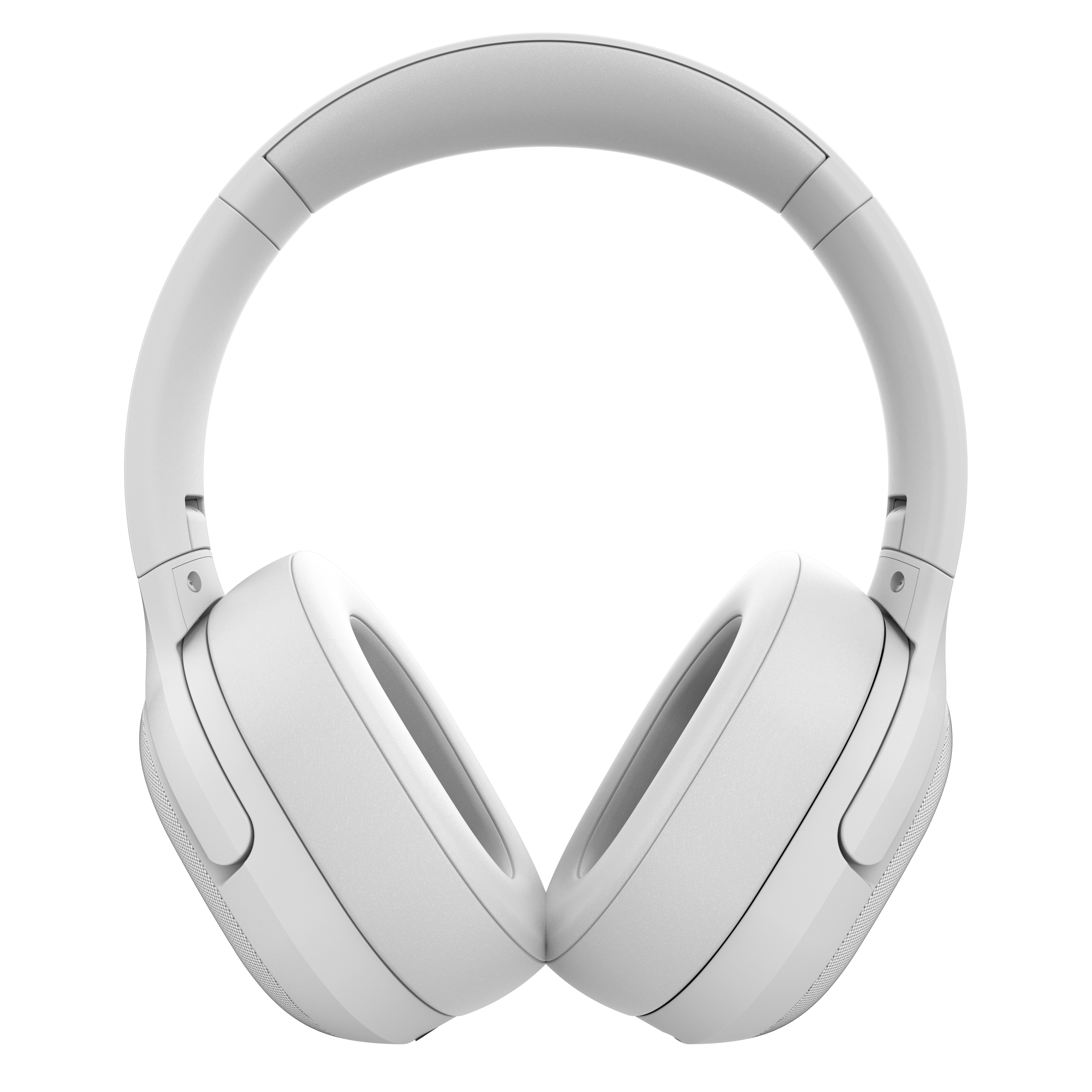 Weiße Over-Ear-Kopfhörer mit gepolsterten Ohrmuscheln auf schwarzem Hintergrund.