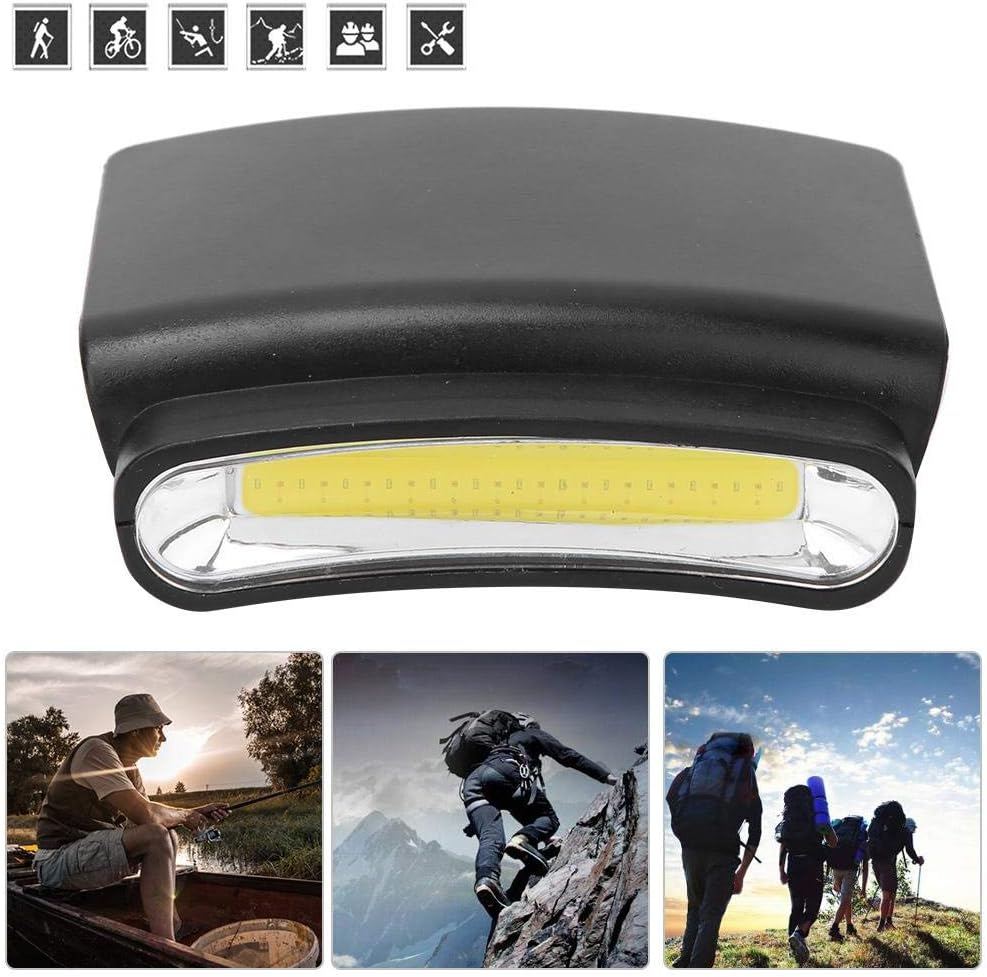 Eine schwarze LED-Stirnlampe über drei kleineren Fotos von Outdoor-Aktivitäten wie Angeln, Klettern und Wandern.