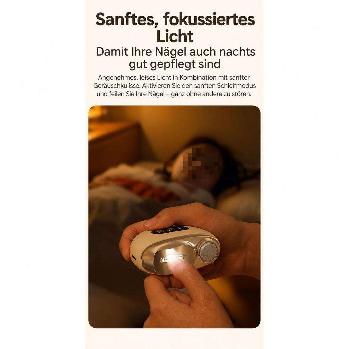 Person schneidet nachts im Bett die Nägel mit einem elektrischen Nagelknipser mit Licht.
