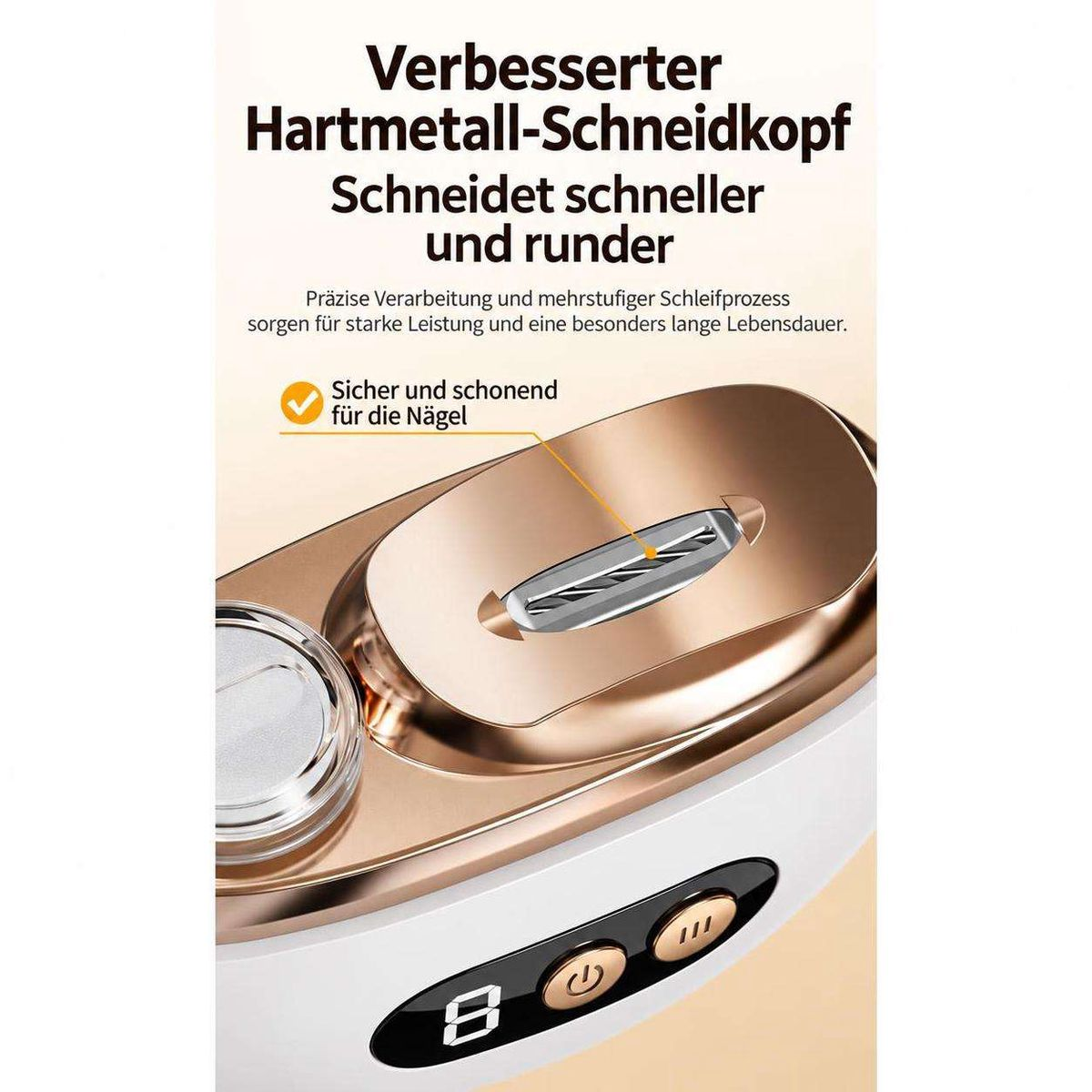 Verbesserter Hartmetall-Schneidkopf eines elektrischen Nagelknipfers mit deutscher Beschreibung.