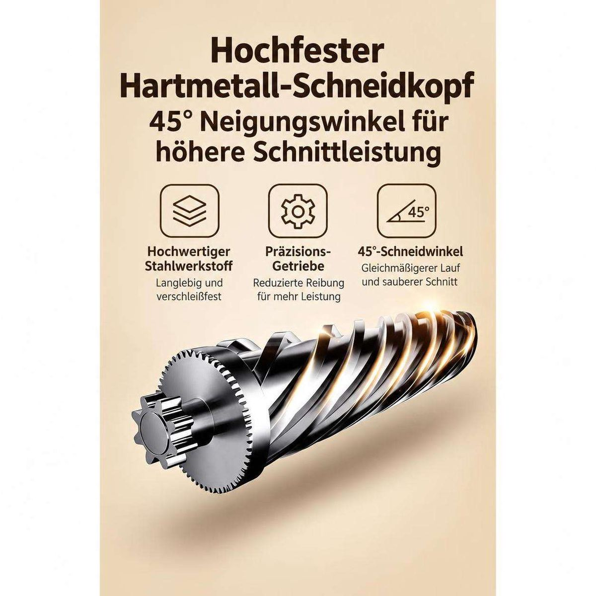 Technische Grafik zeigt ein Hartmetall-Schneidwerkzeug mit Stahlgehäuse und Getriebe.