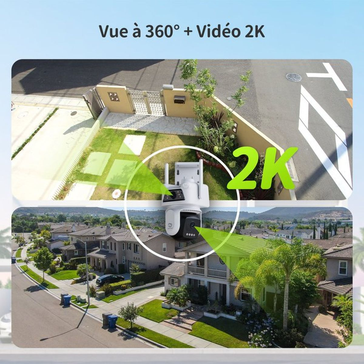 Überwachungskamera mit 360-Grad-Ansicht und 2K-Video, die Gärten und Straßen überwacht.