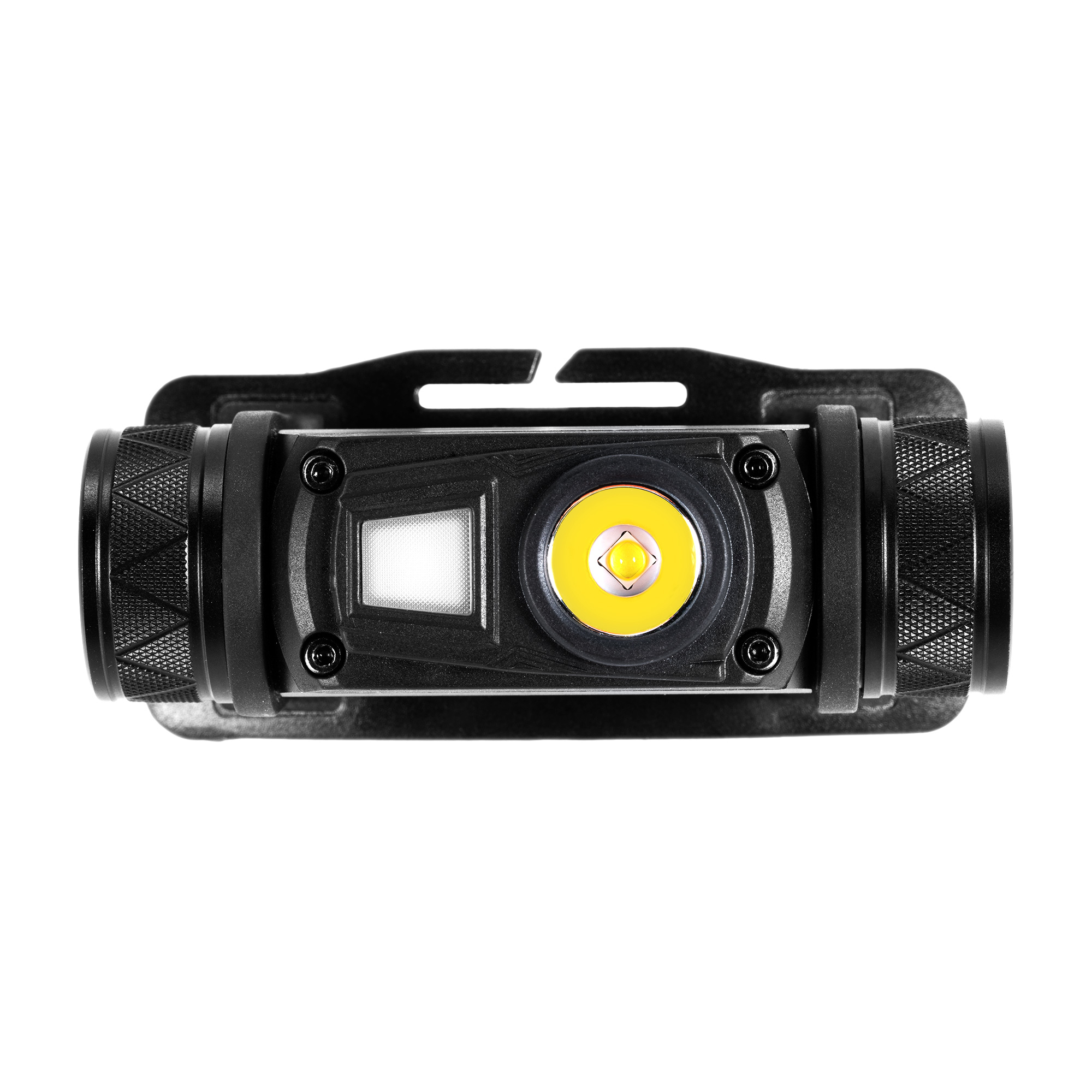 Eine schwarze Stirnlampe mit zwei Lichtquellen und Halteclip vor weißem Hintergrund.
