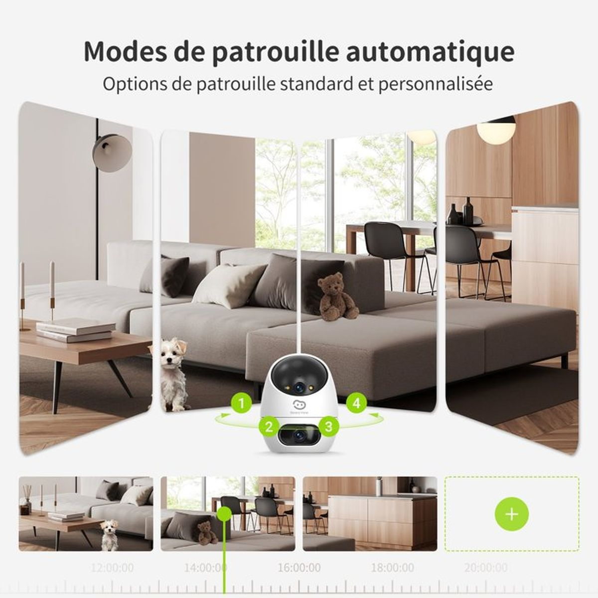 Eine weiße Sicherheitskamera zeigt verschiedene automatische Patrouillenmodi in einem Wohnzimmer.
