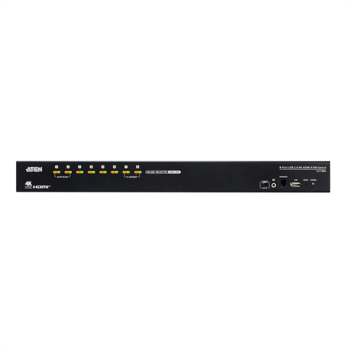 Schwarzer 8-Port USB 2.0 4K HDMI KVM-Switch mit LED-Leuchten auf der Vorderseite.
