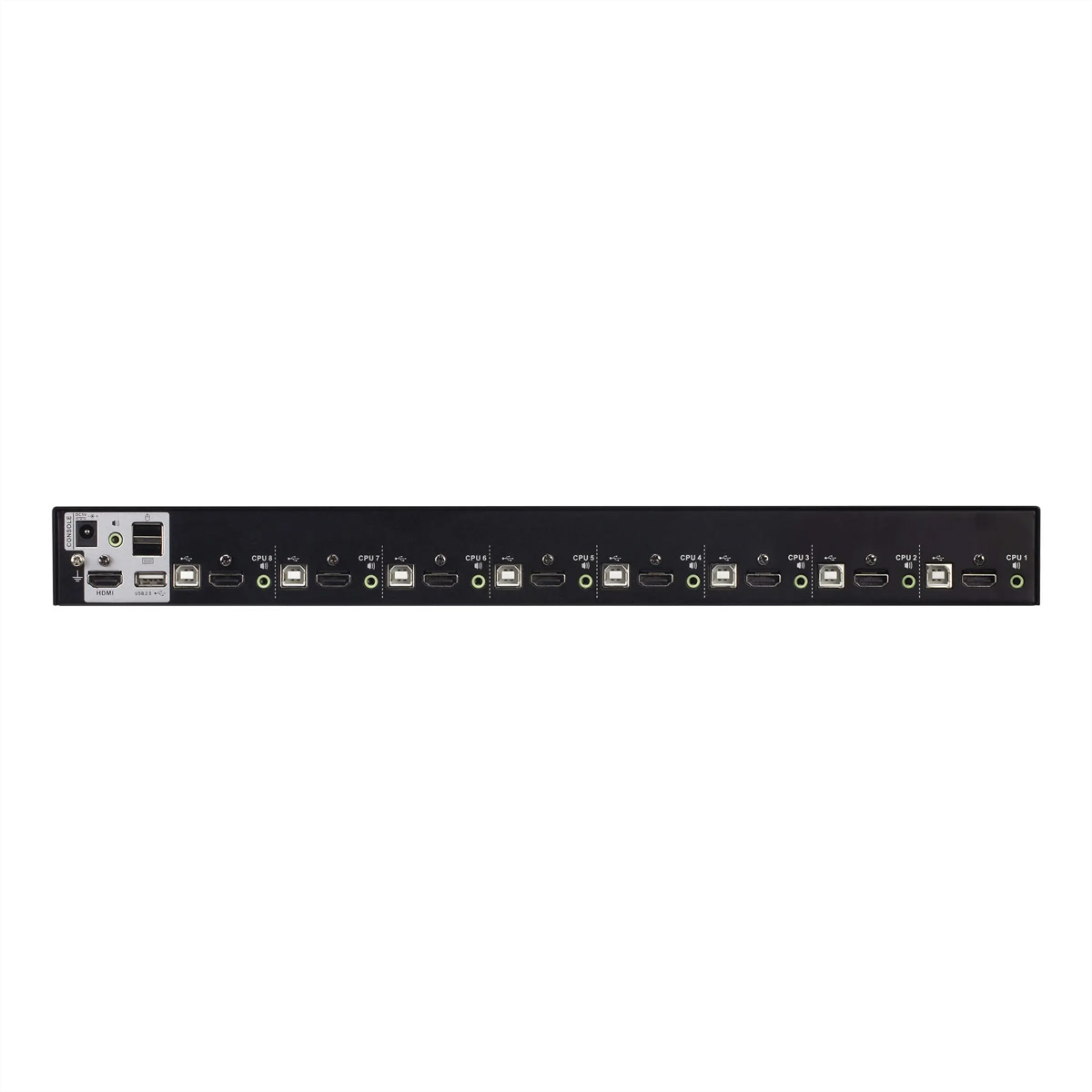 Rückseite eines schwarzen KVM-Switches mit mehreren HDMI-, USB- und Audioanschlüssen für acht Computer.