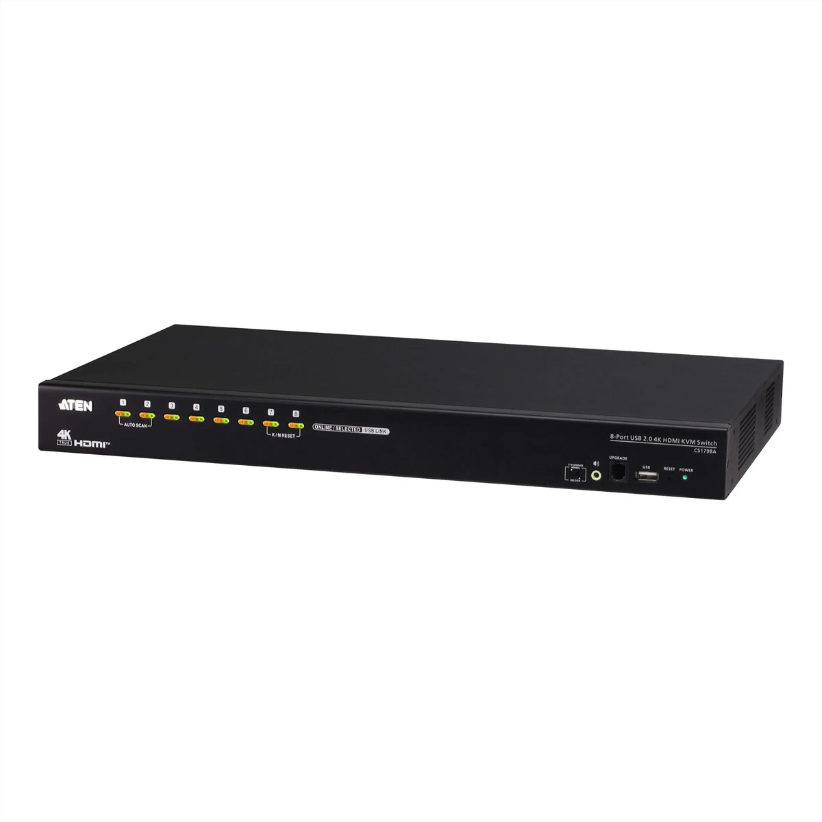 Ein schwarzer 8-Port USB 2.0 4K HDMI KVM Switch mit mehreren Kontrollleuchten und Anschlüssen an der Vorderseite.