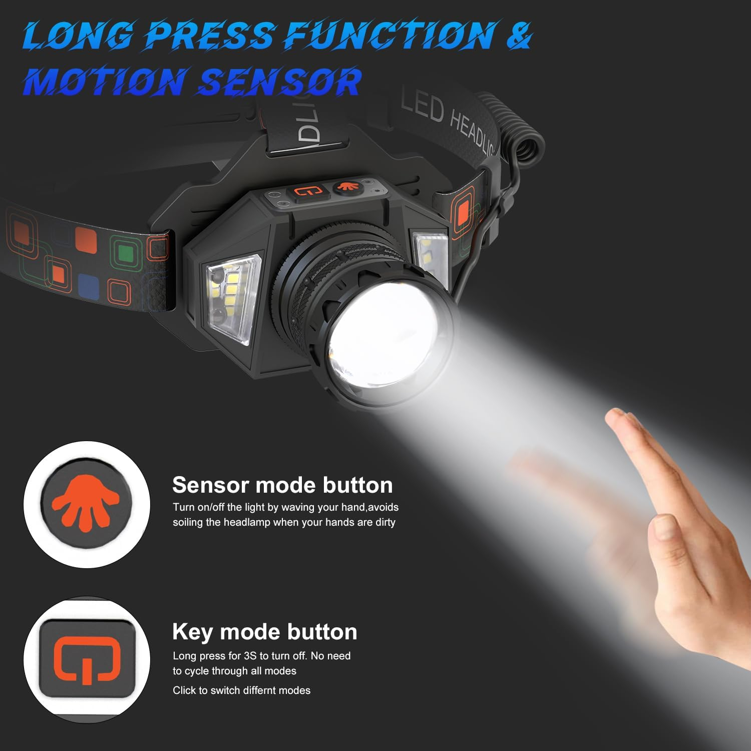 Schwarze LED-Stinlampe mit Bewegungssensor und Leuchttaste, eine Hand winkt in den Lichtstrahl.