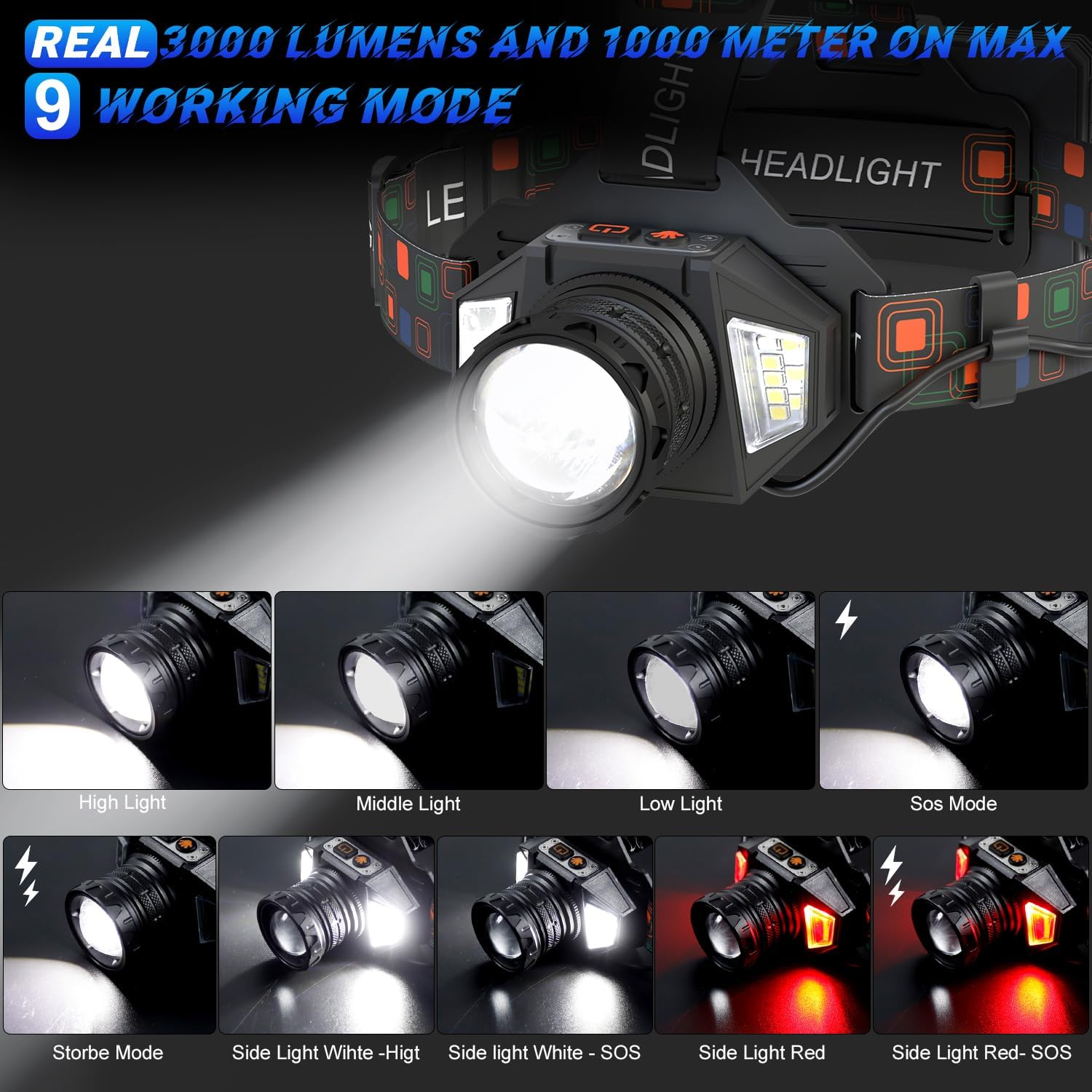 Schwarze LED-Stinlampe mit hellem Strahl und neun verschiedenen Leuchtmodi.