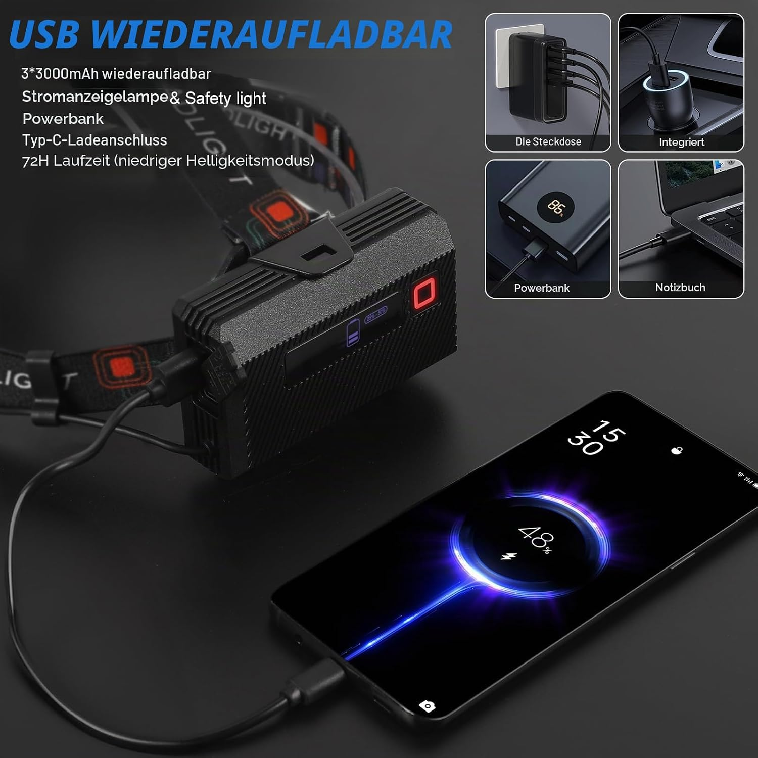 Wiederaufladbare LED-Stinrnlampe mit USB-C, die auch als Powerbank für Smartphones dient.