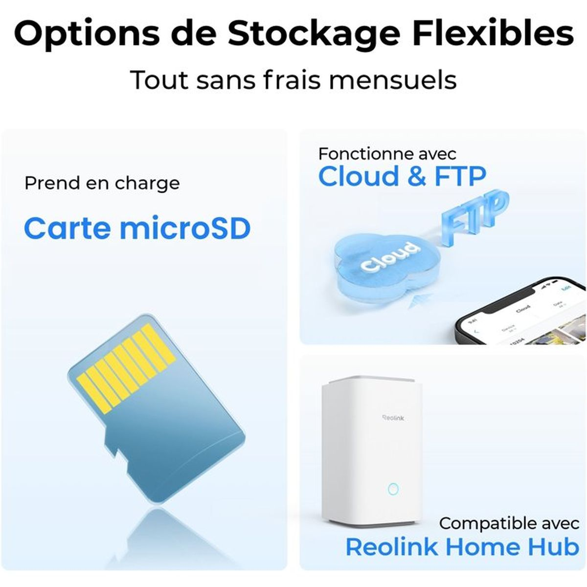 Flexible Speicheroptionen: microSD-Karte, Cloud & FTP sowie Reolink Home Hub.