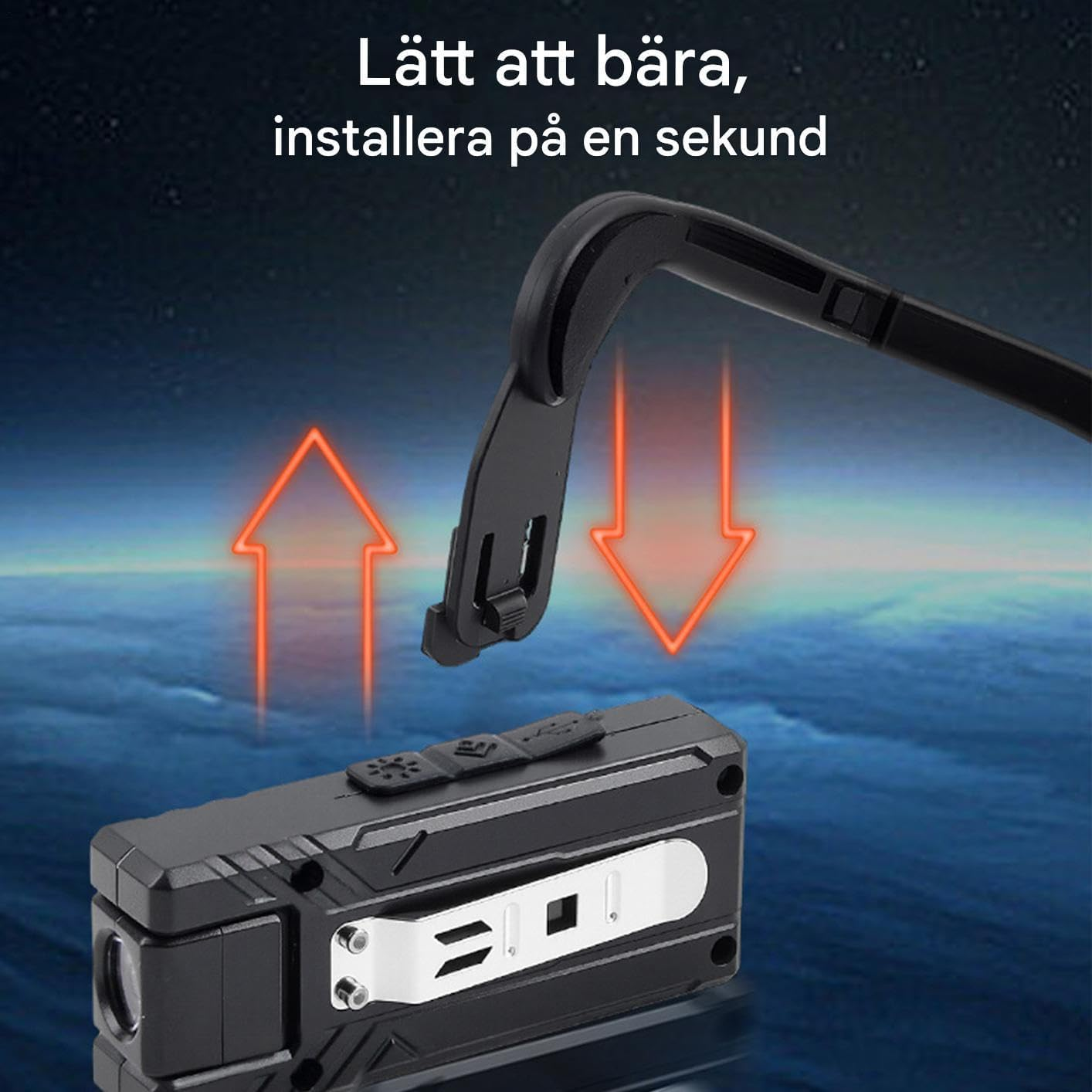 Schwarzes Gadget mit Clip und Halterung vor Erde aus dem Weltraum.