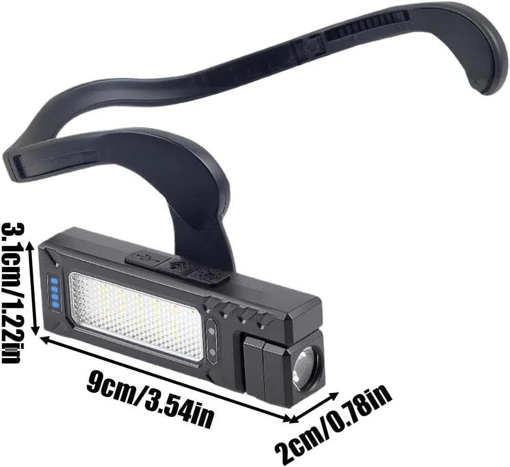 Schwarze LED-Arbeitsleuchte mit flexiblem Arm und Maßangaben in Zentimetern und Zoll auf weißem Hintergrund.