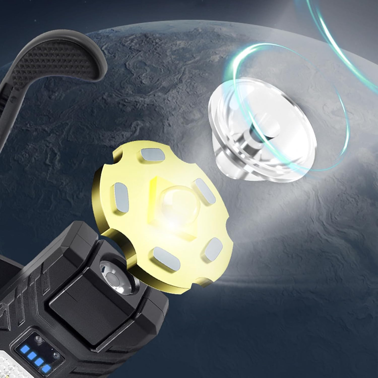 Explosionsdarstellung einer Taschenlampe mit leuchtendem LED-Chip, Linse und Gehäuse vor Weltraumhintergrund.