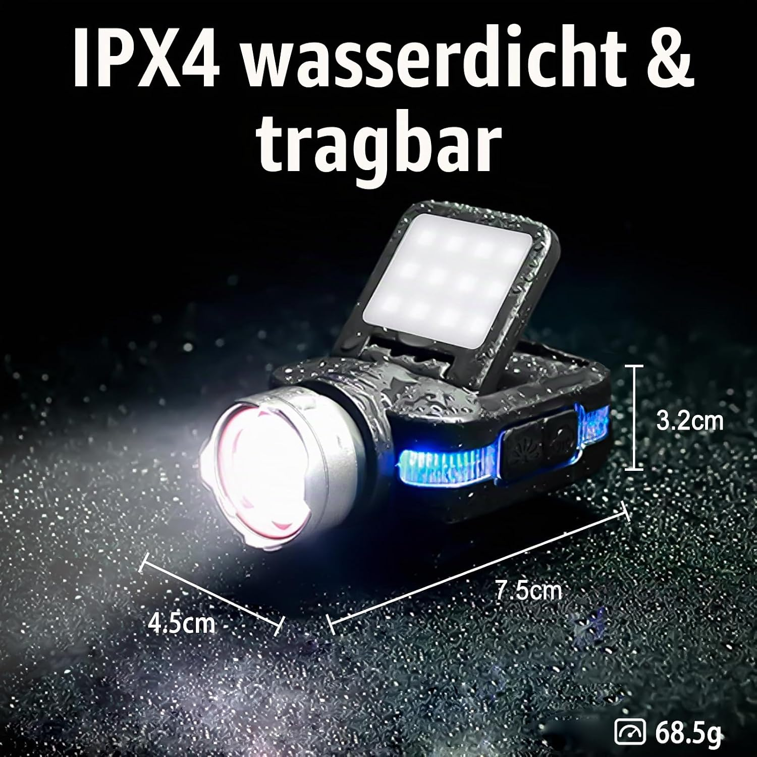 Wasserdichte und tragbare LED-Lampe mit Abmessungen von 7.5x4.5x3.2 cm und einem Gewicht von 68.5 g.