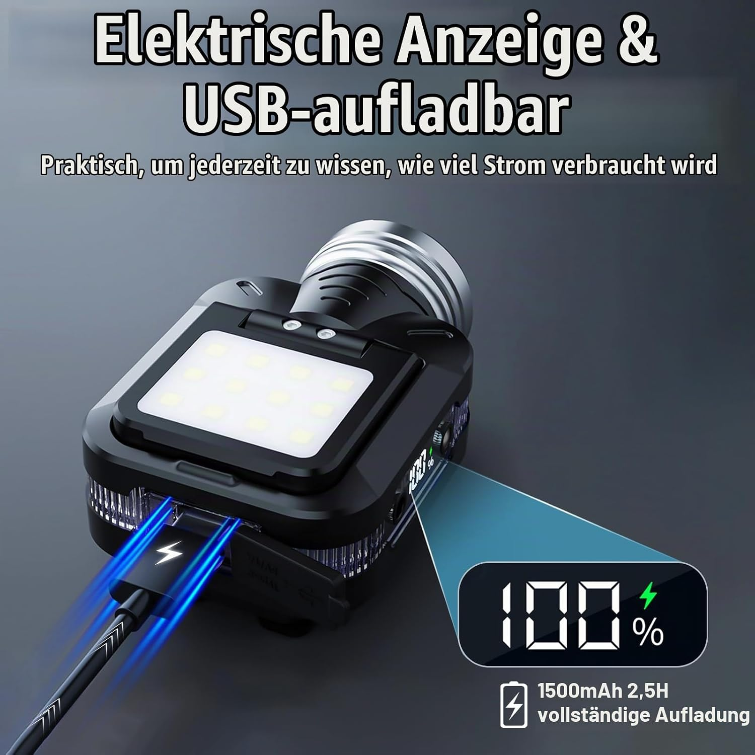 Eine schwarze USB-wiederaufladbare Taschenlampe mit Digitaldisplay, das 100% Akku zeigt, und angeschlossenem Ladekabel.