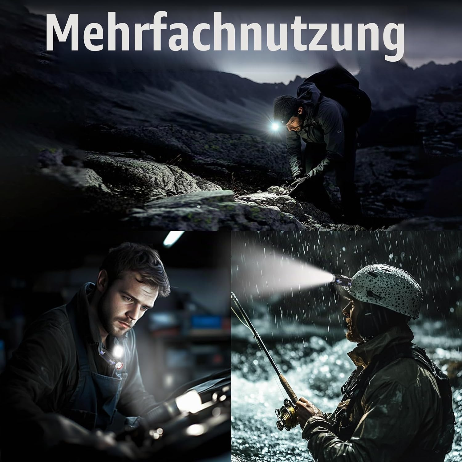 Eine Collage zeigt eine Person mit Stirnlampe beim Wandern, Arbeiten in der Werkstatt und beim Angeln im Regen.